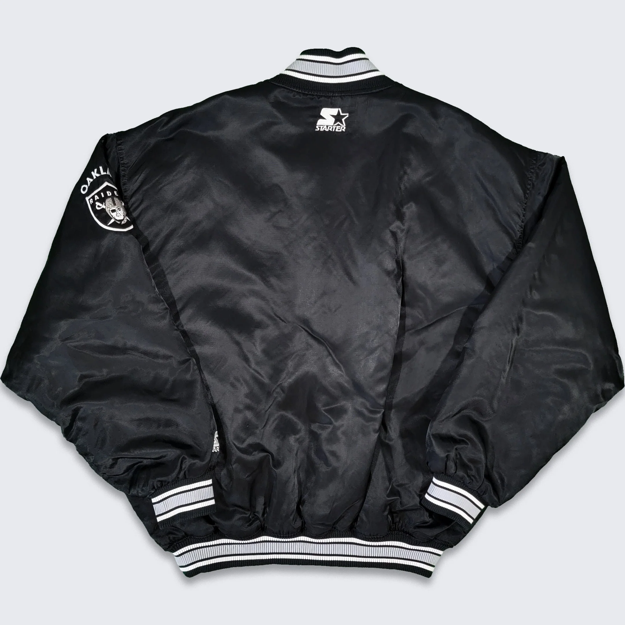 Oakland Raiders Vintage 90s Starter Satin Bomber Jacket Nfl Football Black and Silver Coat Stitched Logos Size 2xl by Starter - Image 2
