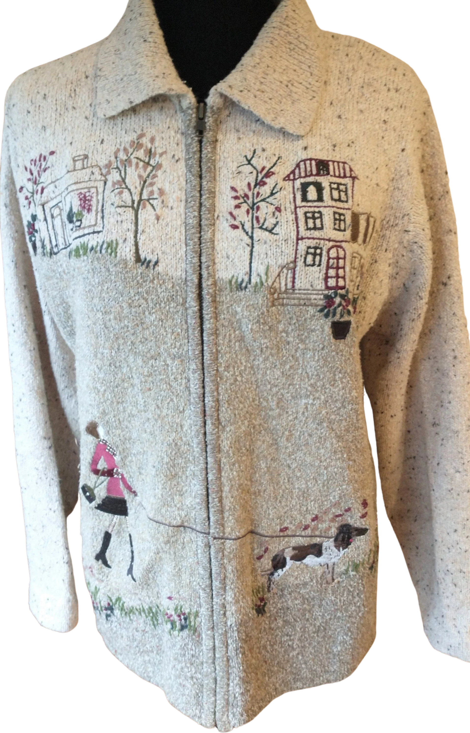 Oatmeal Beige Cardigan 80s Embroidered Dog Walker Oversized Women's Large Zipper Sweater Warm and Cozy Dog Lover by TanJay