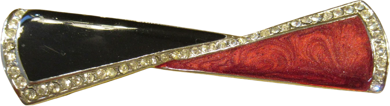 Oblong Bar Style Brooch Red and Black Enamel On Silver Tone Metal Tiny Inset Clear Rhinestones No Logo 3 and Inches 78 Vintage