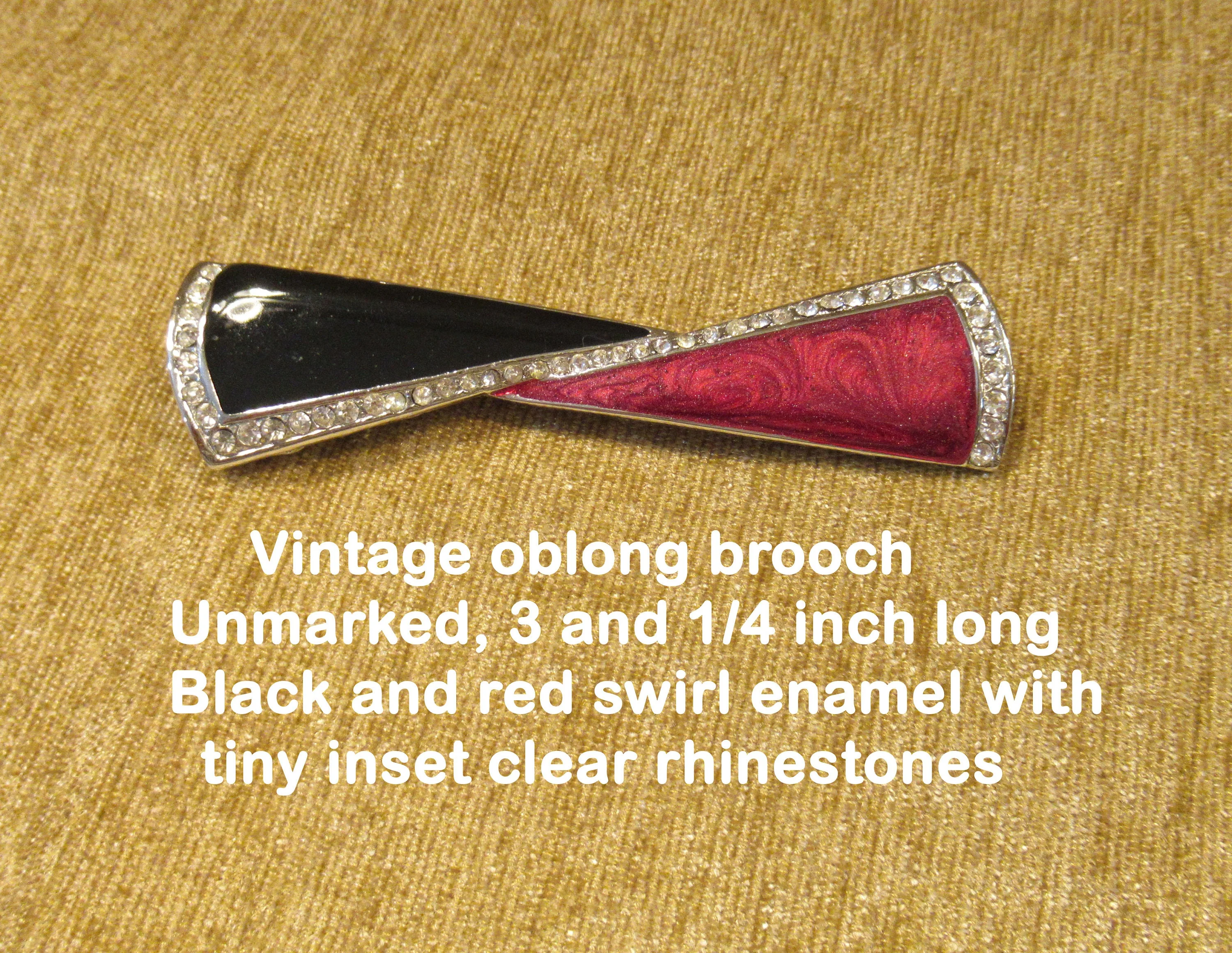 Oblong Bar Style Brooch Red and Black Enamel On Silver Tone Metal Tiny Inset Clear Rhinestones No Logo 3 and Inches 78 Vintage - Image 2