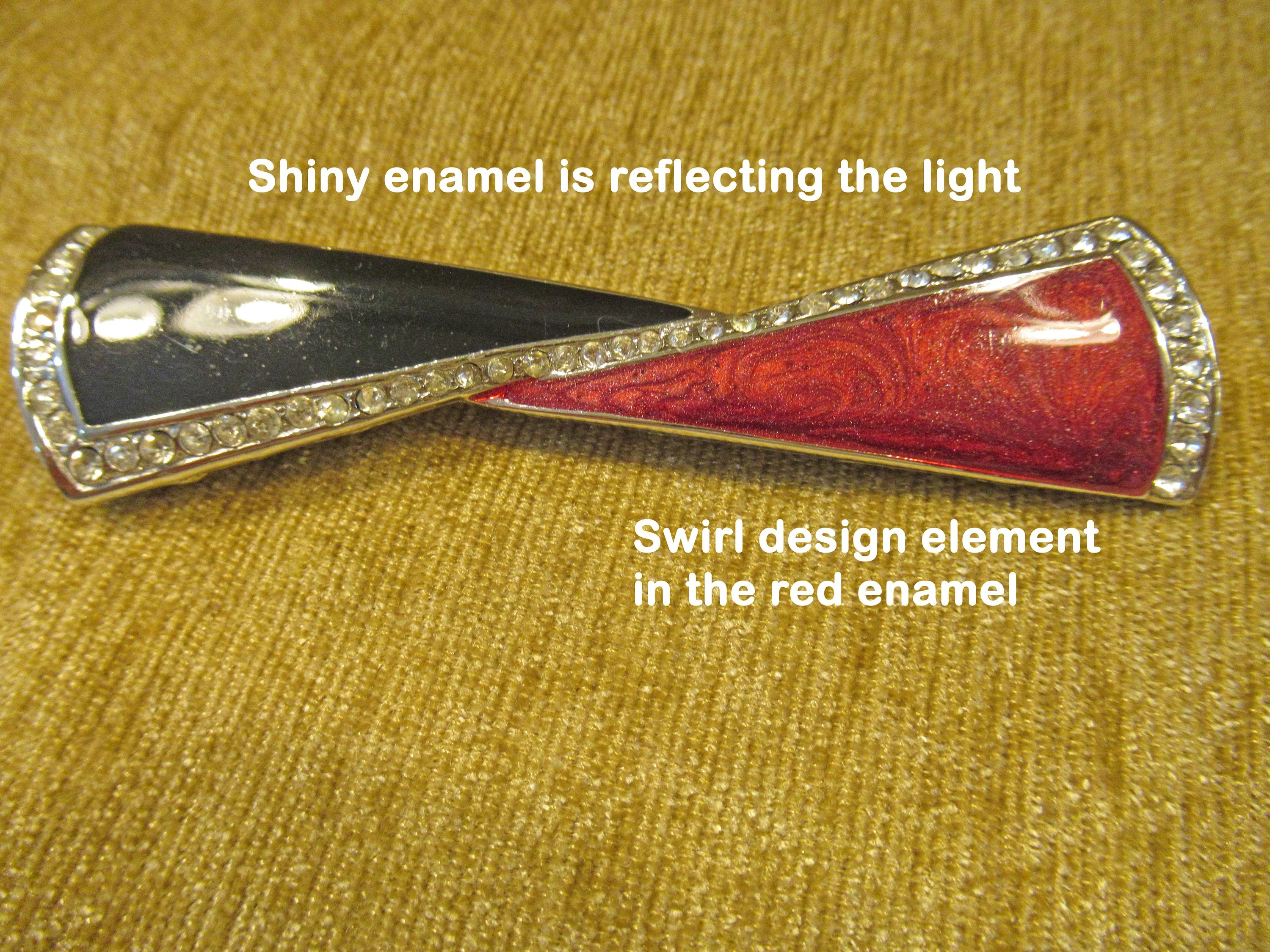 Oblong Bar Style Brooch Red and Black Enamel On Silver Tone Metal Tiny Inset Clear Rhinestones No Logo 3 and Inches 78 Vintage - Image 4