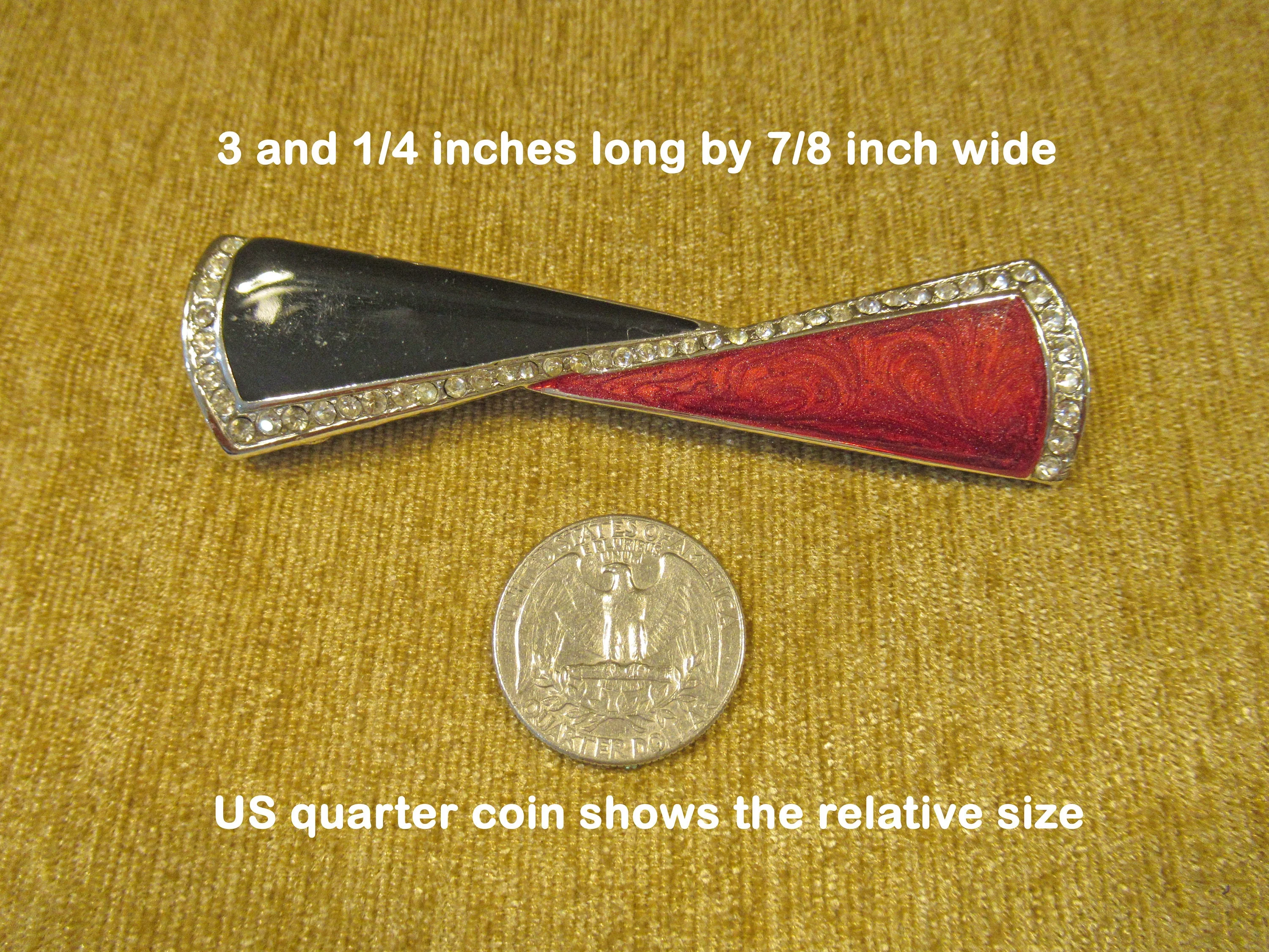 Oblong Bar Style Brooch Red and Black Enamel On Silver Tone Metal Tiny Inset Clear Rhinestones No Logo 3 and Inches 78 Vintage - Image 5