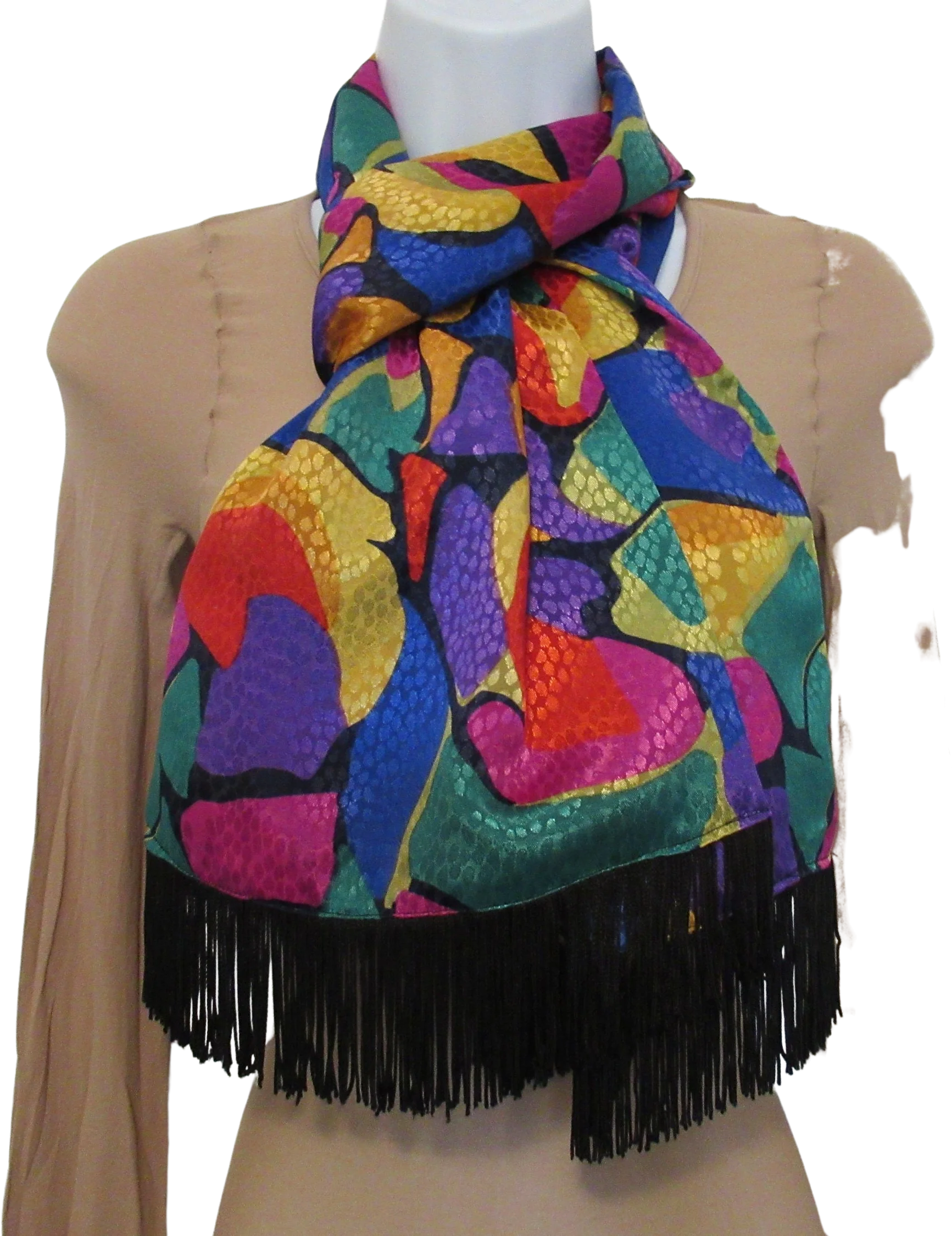 Oblong Scarf 61 by 10 and 1/5 Inch Colorful 80s with 2 and 1/2 Inch Black Fringe Double Sided Easy To Wear So Many Ways Versatile Vtg
