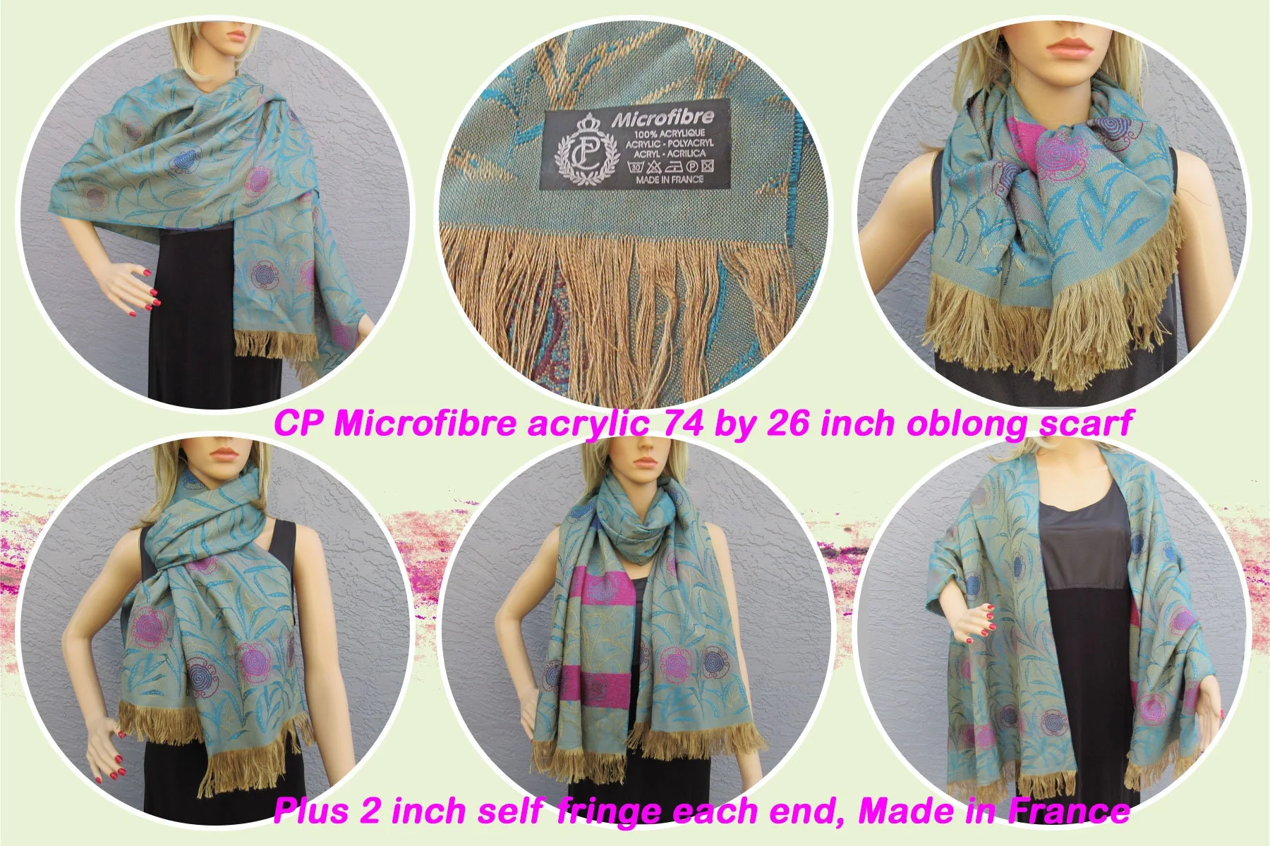 Oblong Scarf Cp Microfibre Acrylic 74 26 2 Self Fringe Each End Made In France Teal Pink Gold Wear As Scarf Or Wrap - Image 2