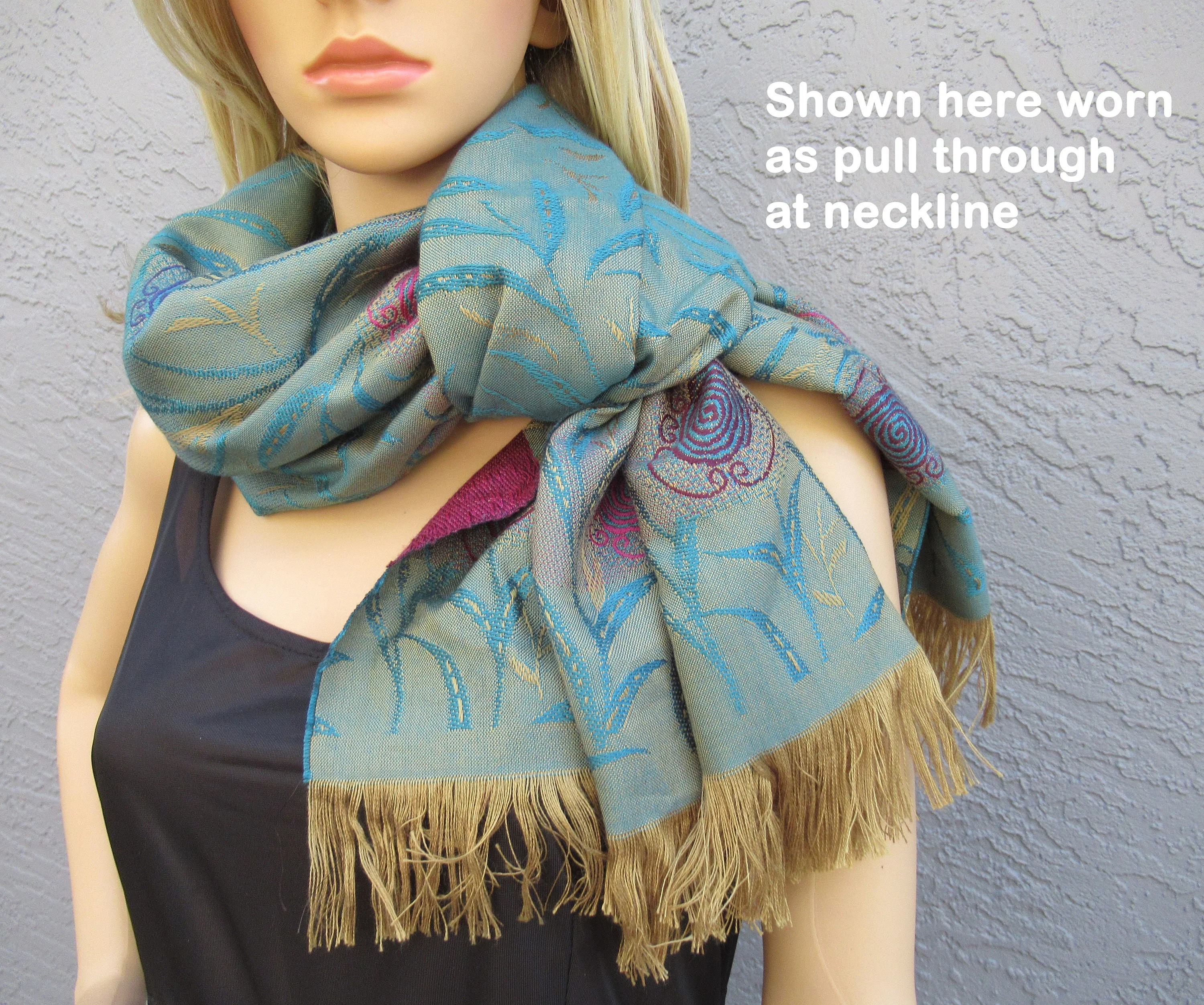 Oblong Scarf Cp Microfibre Acrylic 74 26 2 Self Fringe Each End Made In France Teal Pink Gold Wear As Scarf Or Wrap - Image 3