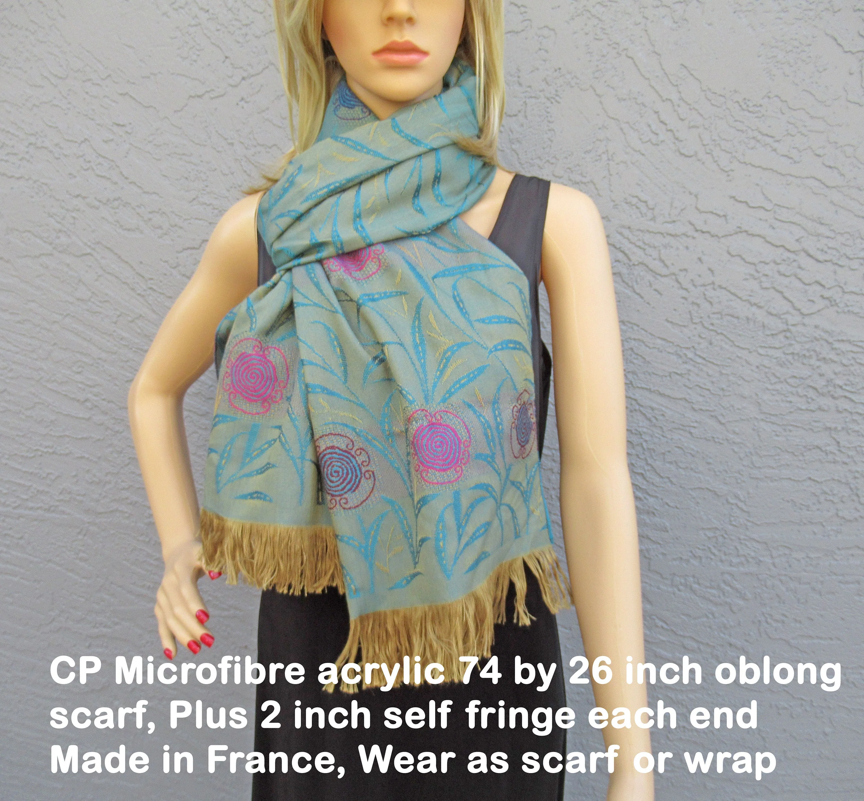 Oblong Scarf Cp Microfibre Acrylic 74 26 2 Self Fringe Each End Made In France Teal Pink Gold Wear As Scarf Or Wrap - Image 4