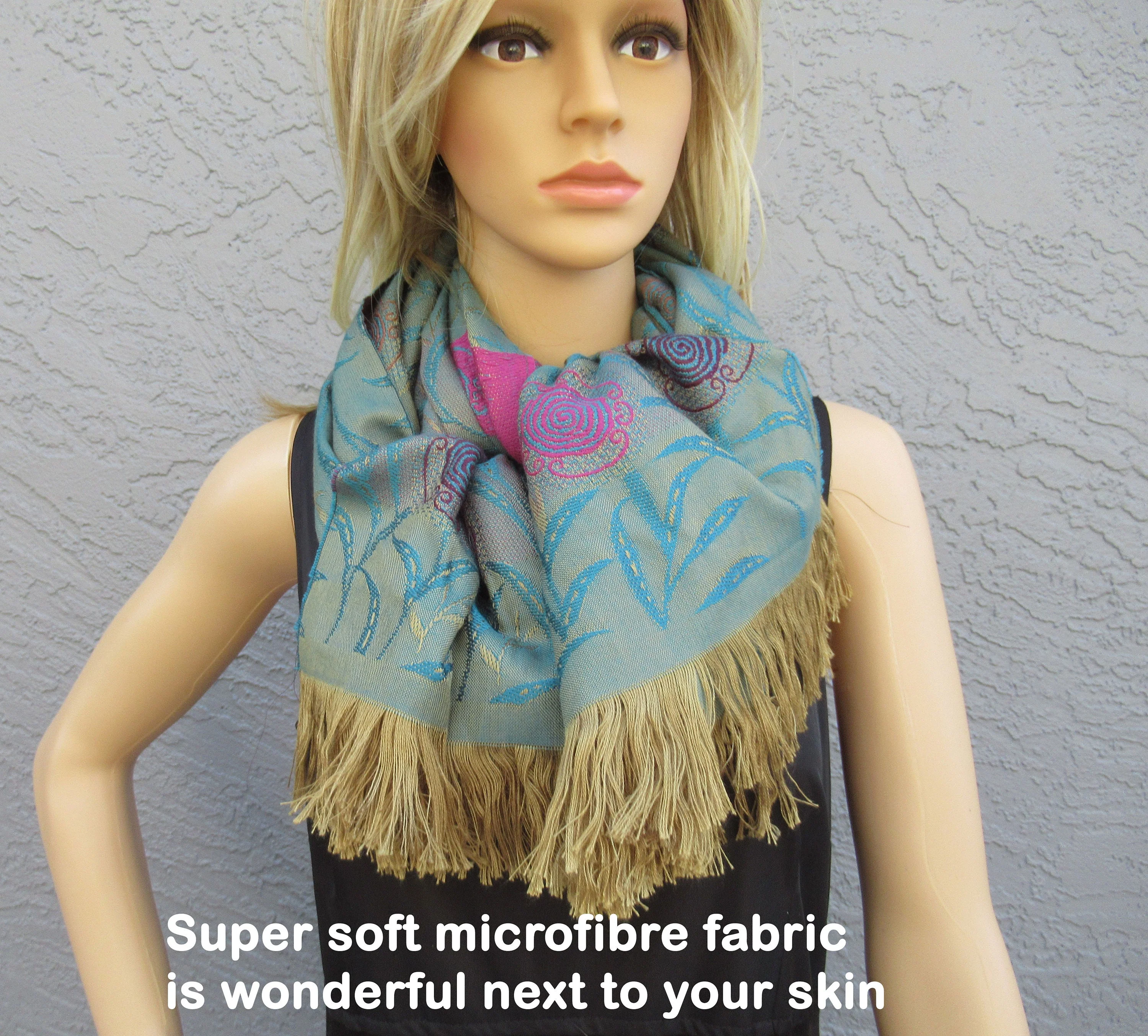 Oblong Scarf Cp Microfibre Acrylic 74 26 2 Self Fringe Each End Made In France Teal Pink Gold Wear As Scarf Or Wrap - Image 5