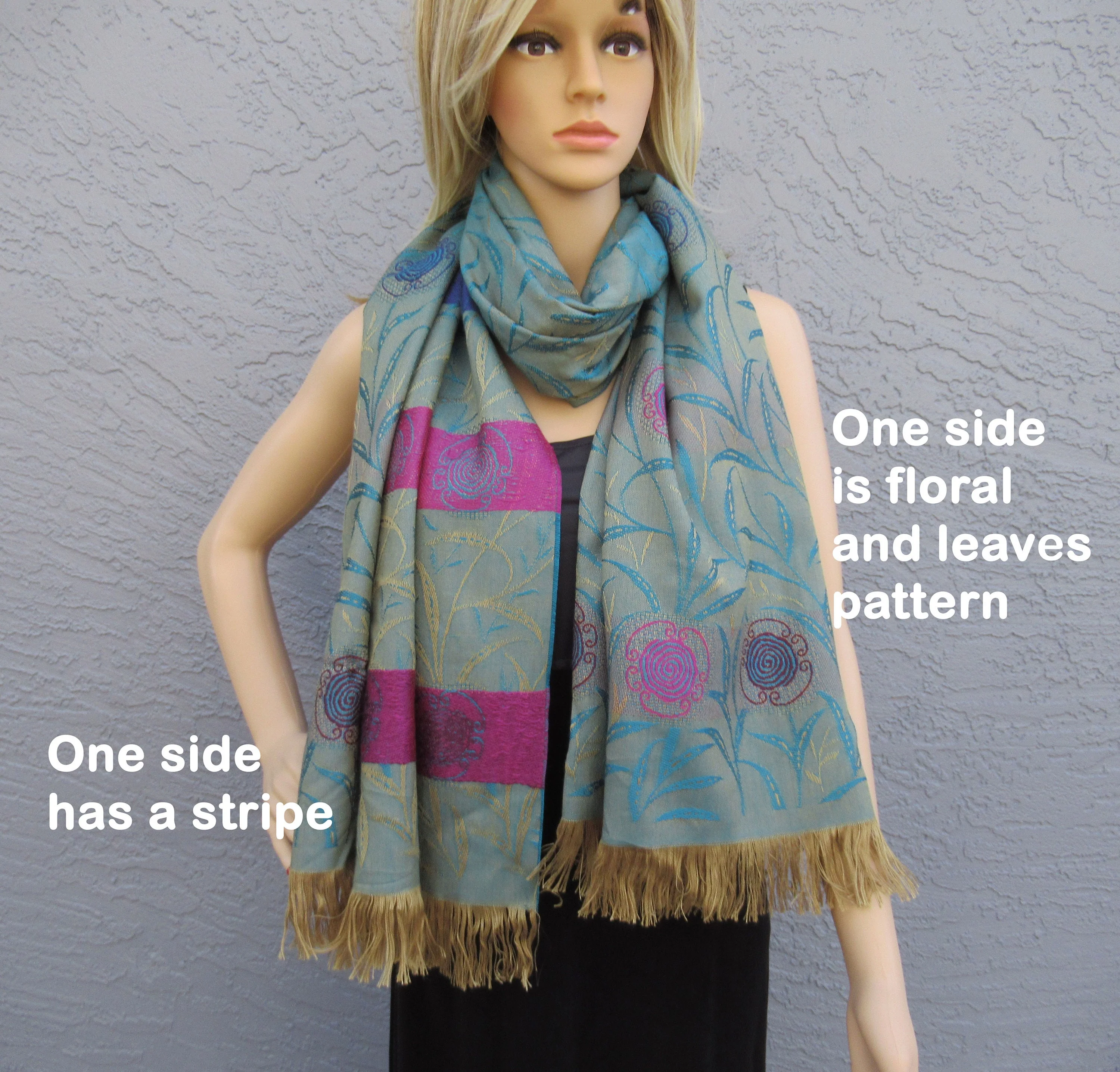 Oblong Scarf Cp Microfibre Acrylic 74 26 2 Self Fringe Each End Made In France Teal Pink Gold Wear As Scarf Or Wrap - Image 6