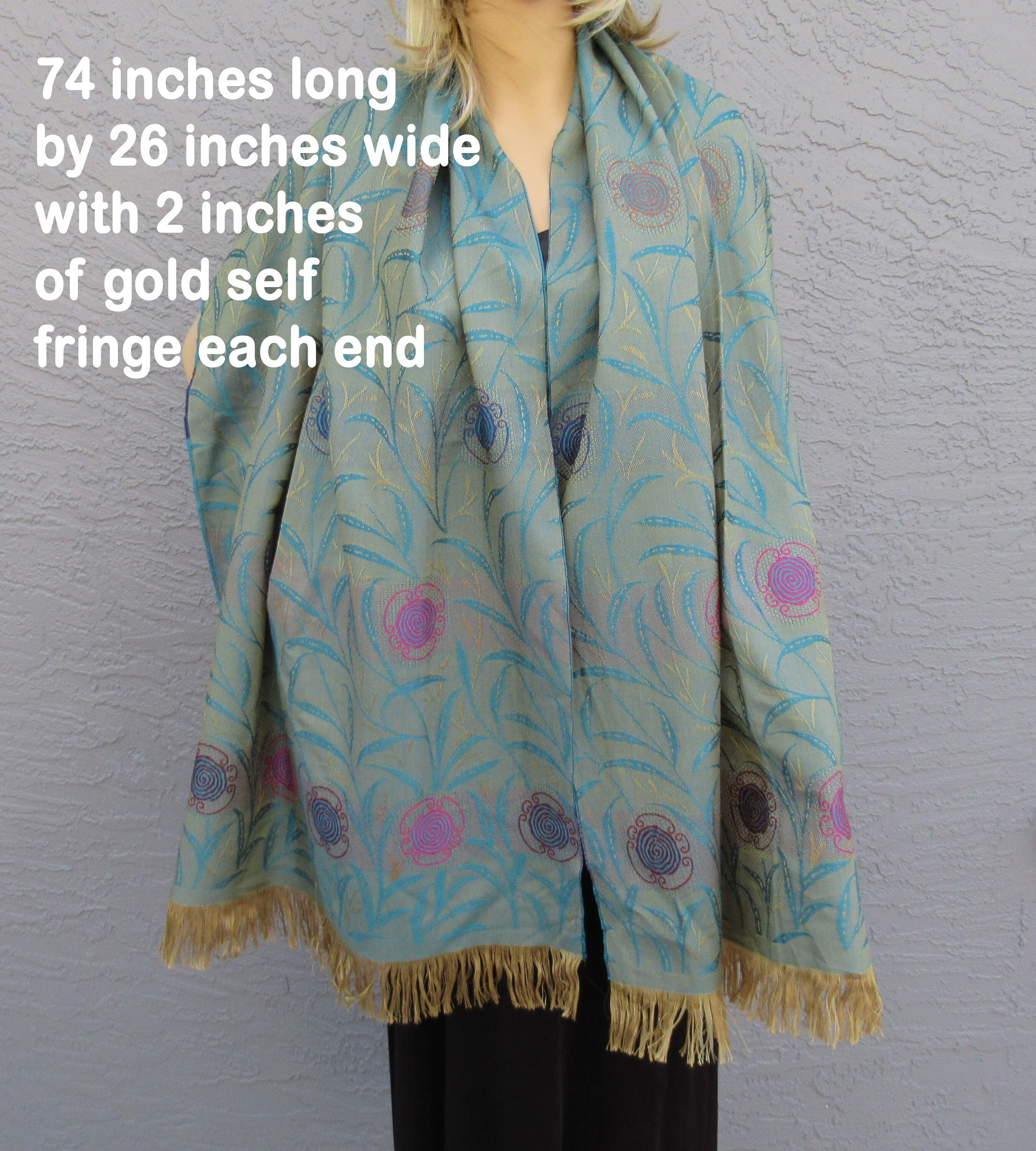 Oblong Scarf Cp Microfibre Acrylic 74 26 2 Self Fringe Each End Made In France Teal Pink Gold Wear As Scarf Or Wrap - Image 7