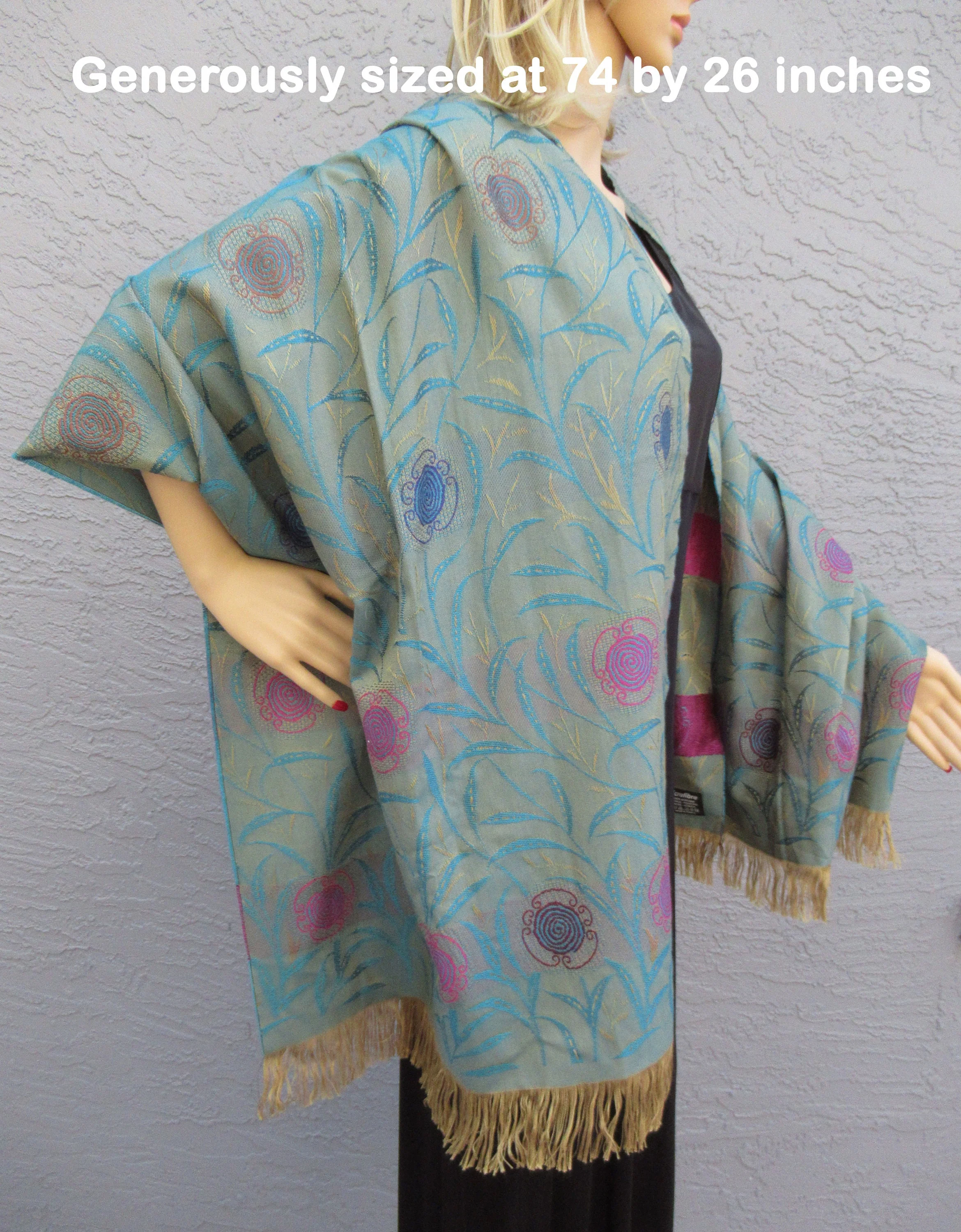 Oblong Scarf Cp Microfibre Acrylic 74 26 2 Self Fringe Each End Made In France Teal Pink Gold Wear As Scarf Or Wrap - Image 9