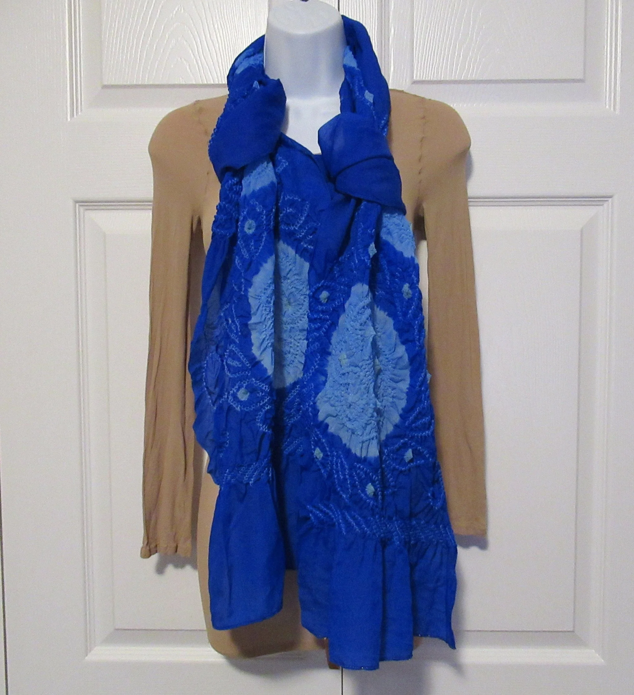 Oblong Scarf Or Wrap Cin 96 by 15 Inch, Vivid Bright To Pastel Blue with Stretchy Circular and Angled Design, Lightweight Sheer Fabric, Vtg - Image 6
