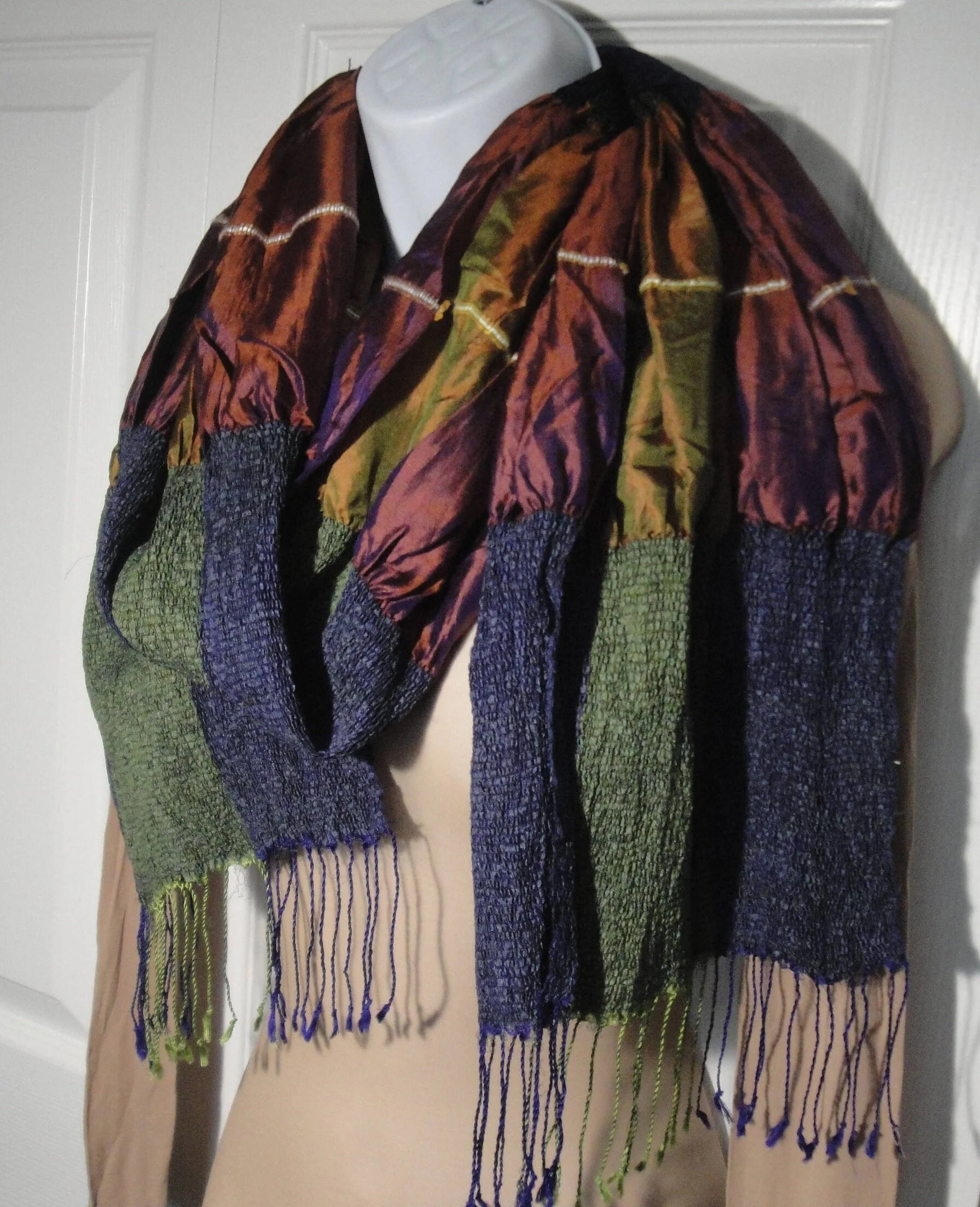Oblong Stretchy Scarf Stretchy Sections Burgundy Purple Brown Navy Green Cream Easy To Wear Vintage - Image 2