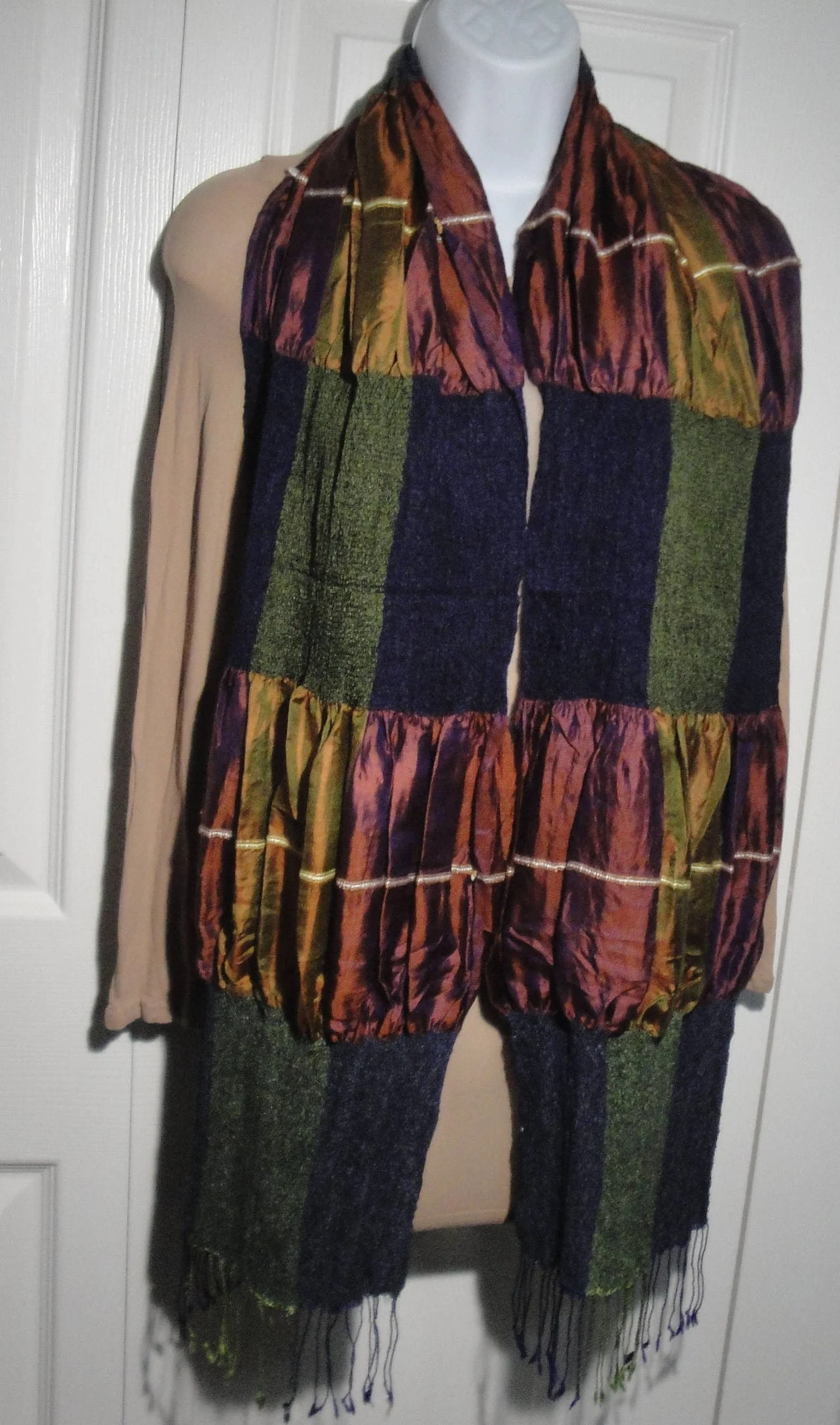 Oblong Stretchy Scarf Stretchy Sections Burgundy Purple Brown Navy Green Cream Easy To Wear Vintage - Image 4