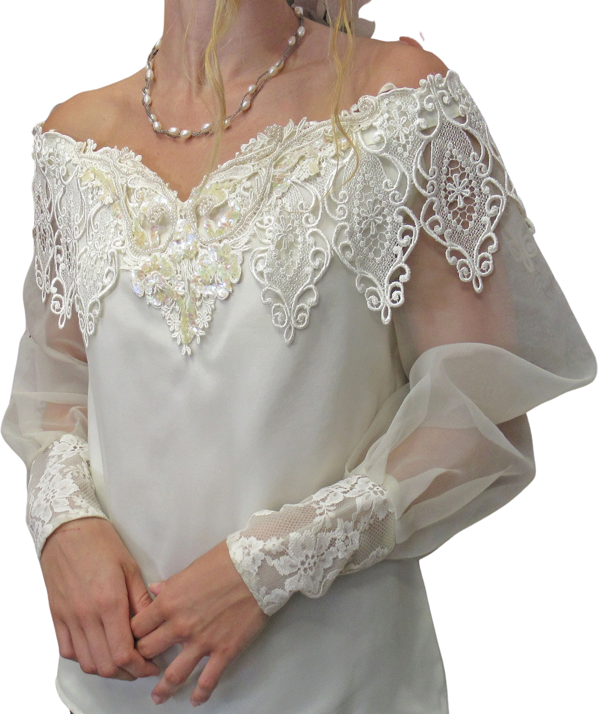 Off The Shoulder Blouse Dressy Sheer Sleeve Scott Mcclintock Cream Back Buttons Polyester 80s Lush Lace Overlay Top Vintage by Scott Mcclintock