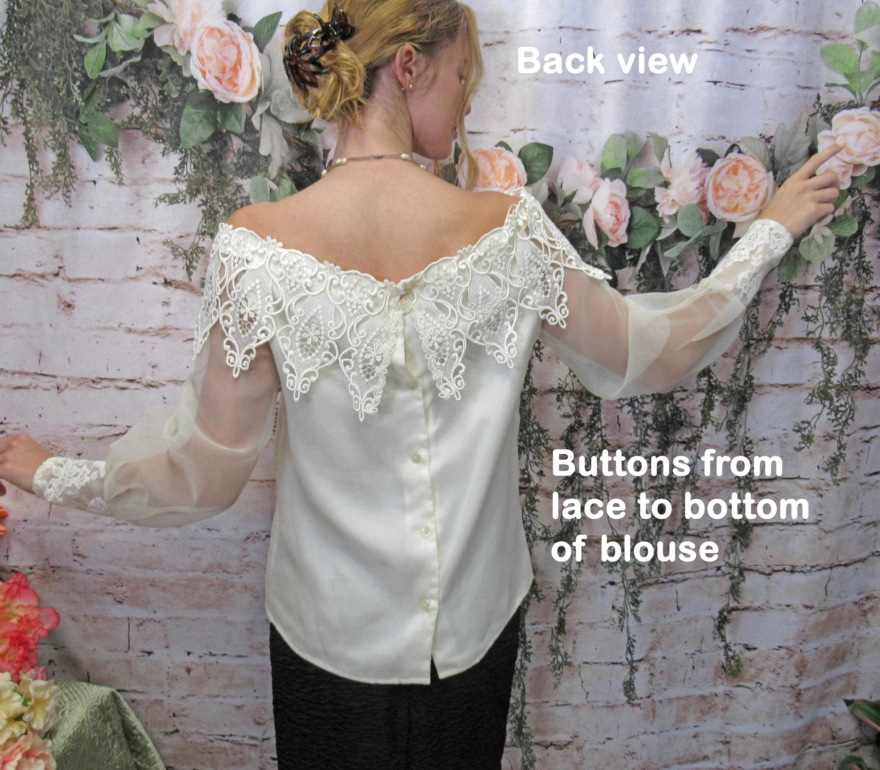 Off The Shoulder Blouse Dressy Sheer Sleeve Scott Mcclintock Cream Back Buttons Polyester 80s Lush Lace Overlay Top Vintage by Scott Mcclintock - Image 10