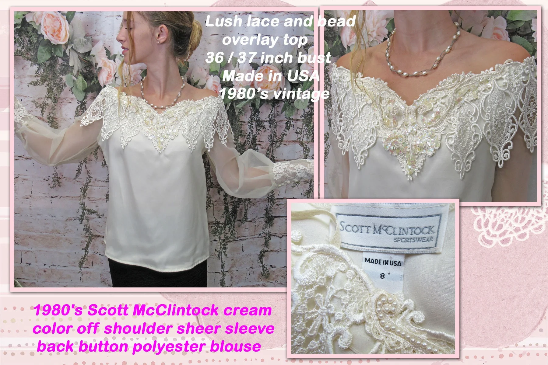 Off The Shoulder Blouse Dressy Sheer Sleeve Scott Mcclintock Cream Back Buttons Polyester 80s Lush Lace Overlay Top Vintage by Scott Mcclintock - Image 2
