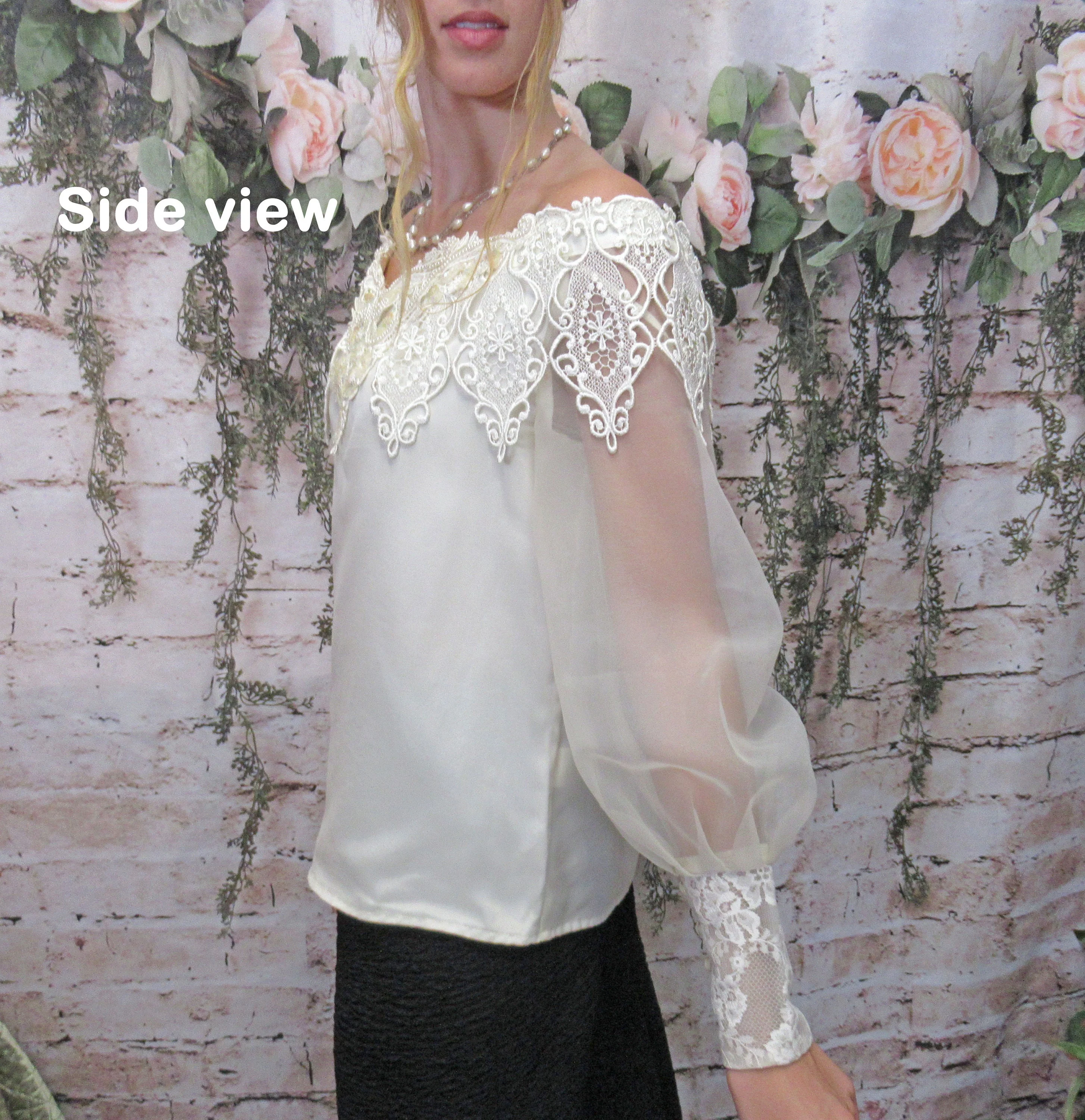 Off The Shoulder Blouse Dressy Sheer Sleeve Scott Mcclintock Cream Back Buttons Polyester 80s Lush Lace Overlay Top Vintage by Scott Mcclintock - Image 3