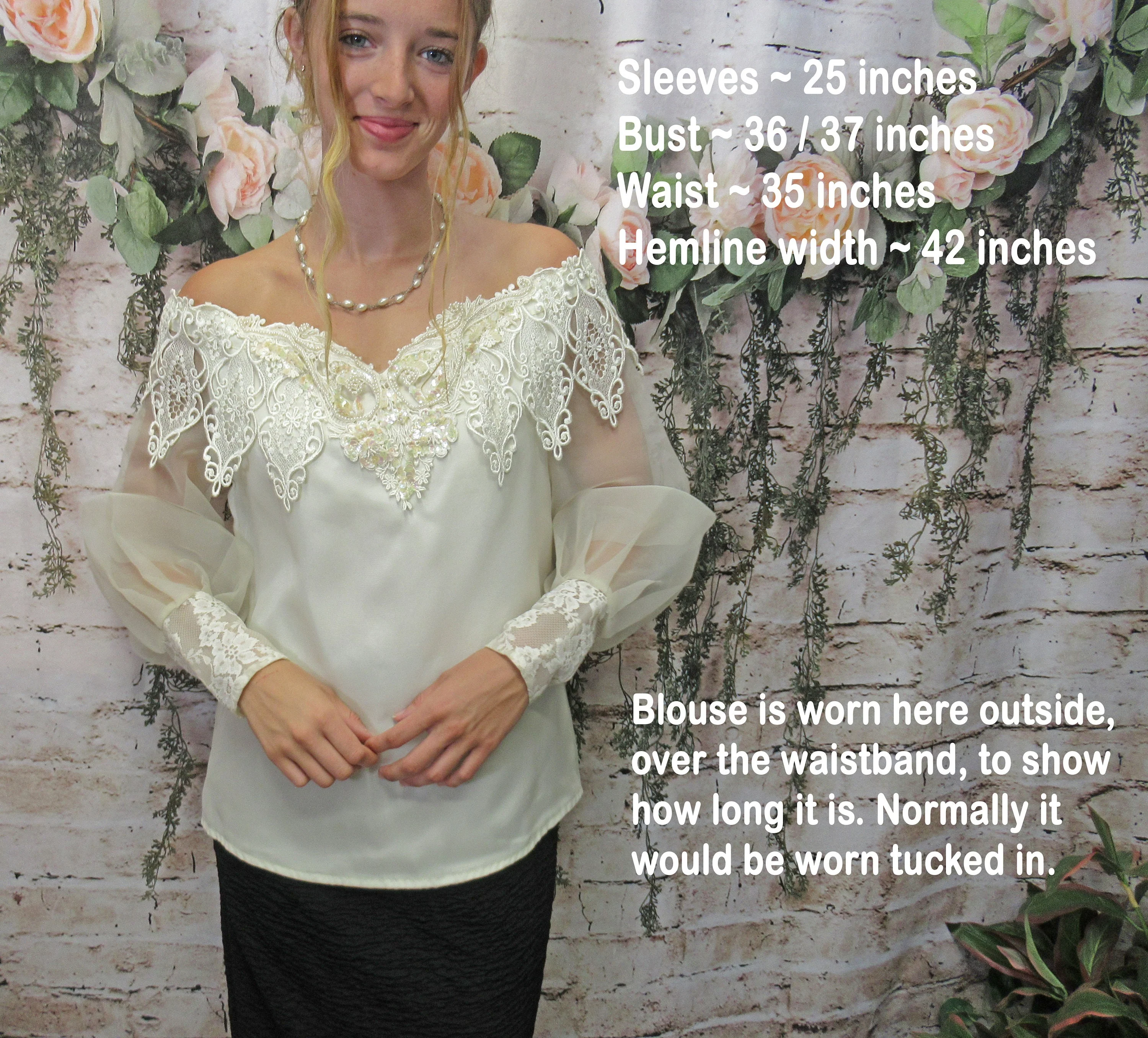 Off The Shoulder Blouse Dressy Sheer Sleeve Scott Mcclintock Cream Back Buttons Polyester 80s Lush Lace Overlay Top Vintage by Scott Mcclintock - Image 4