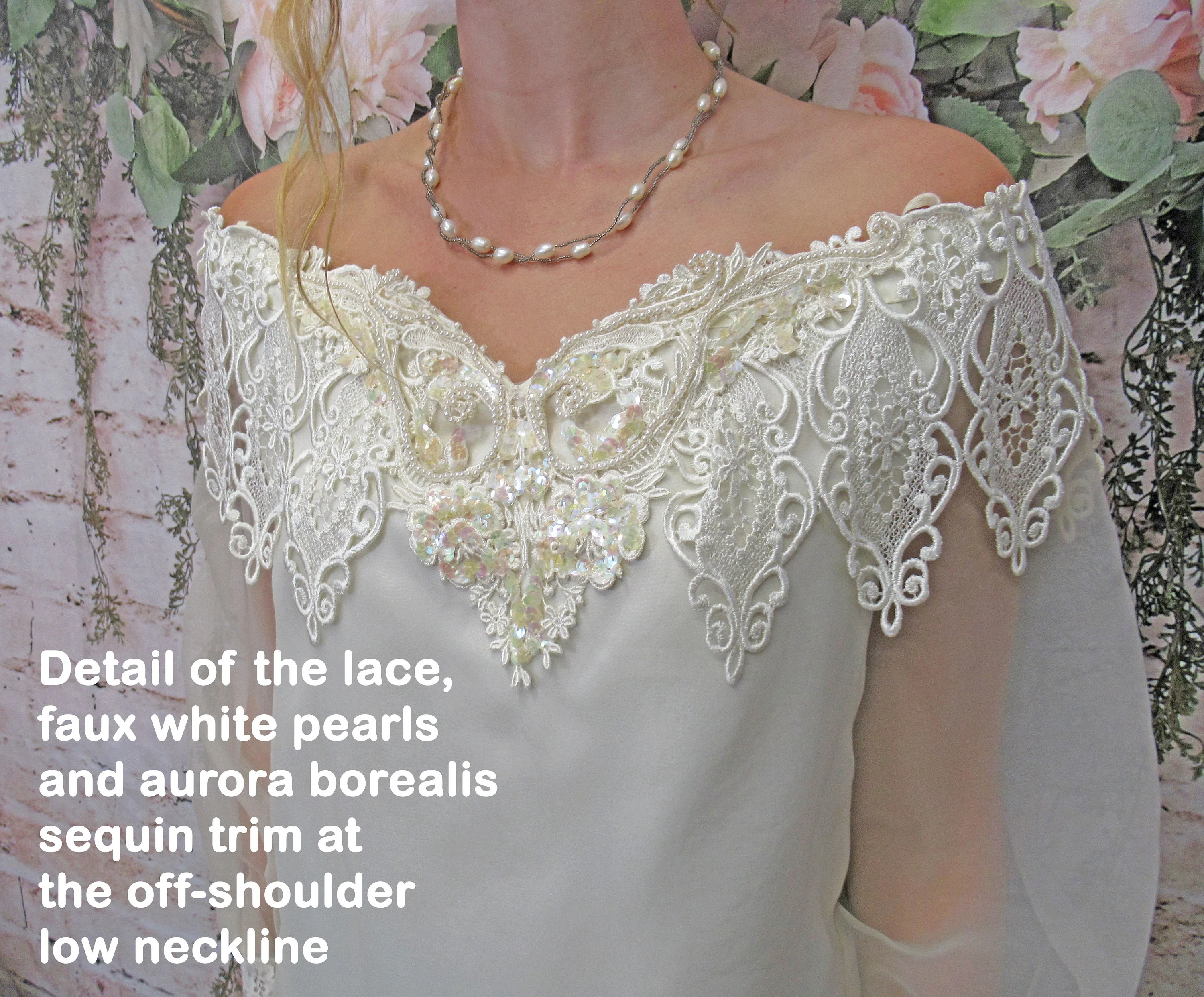 Off The Shoulder Blouse Dressy Sheer Sleeve Scott Mcclintock Cream Back Buttons Polyester 80s Lush Lace Overlay Top Vintage by Scott Mcclintock - Image 5