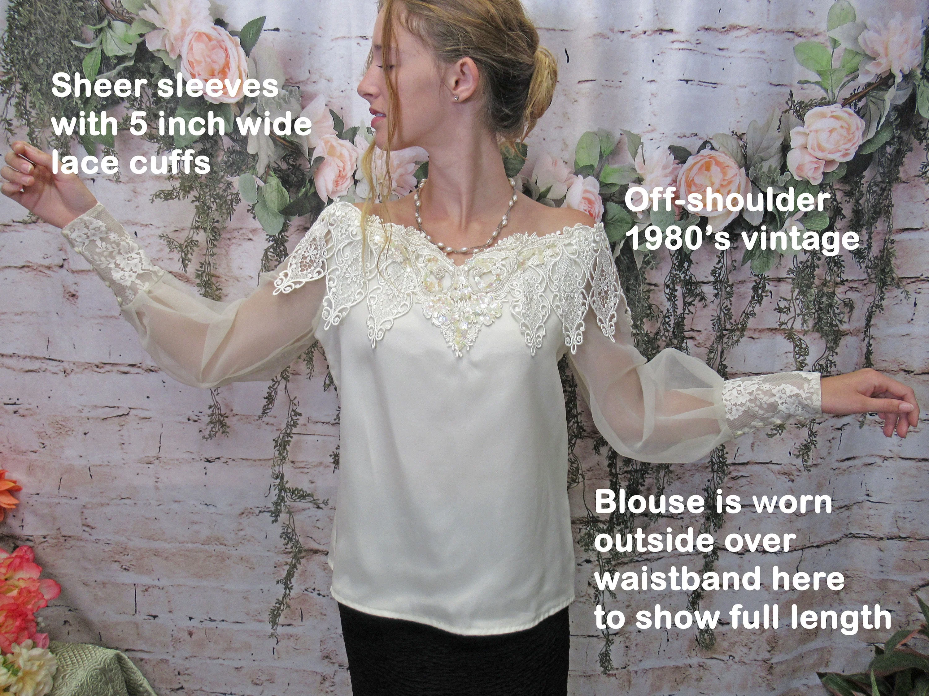 Off The Shoulder Blouse Dressy Sheer Sleeve Scott Mcclintock Cream Back Buttons Polyester 80s Lush Lace Overlay Top Vintage by Scott Mcclintock - Image 6