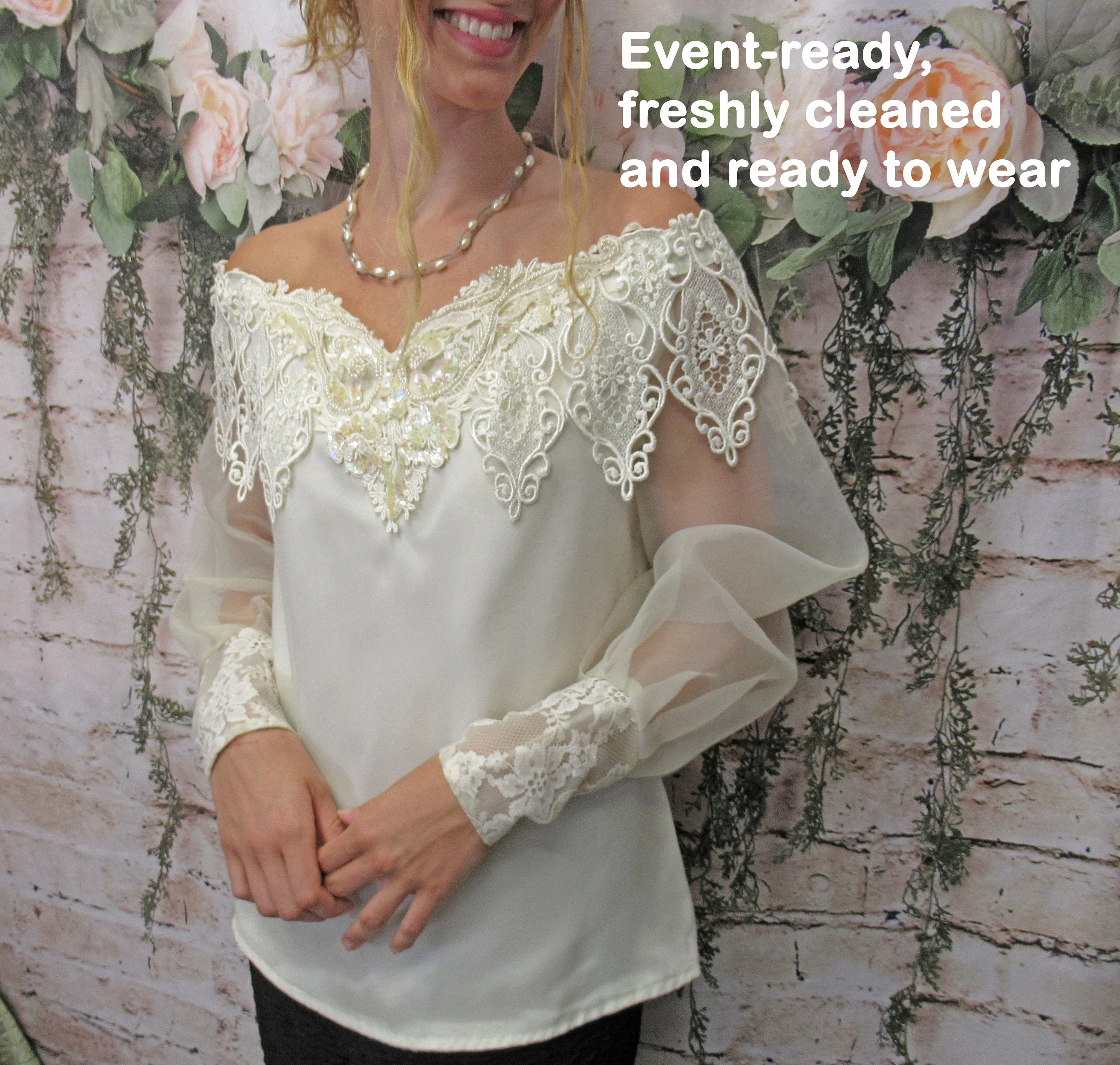 Off The Shoulder Blouse Dressy Sheer Sleeve Scott Mcclintock Cream Back Buttons Polyester 80s Lush Lace Overlay Top Vintage by Scott Mcclintock - Image 7