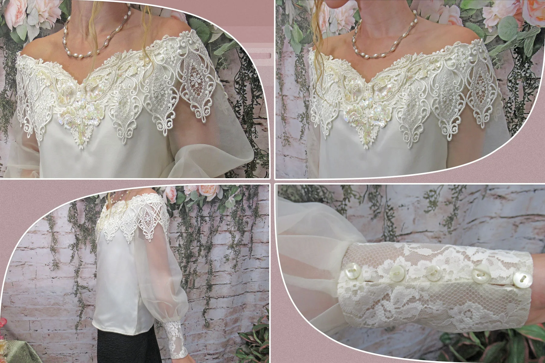 Off The Shoulder Blouse Dressy Sheer Sleeve Scott Mcclintock Cream Back Buttons Polyester 80s Lush Lace Overlay Top Vintage by Scott Mcclintock - Image 8
