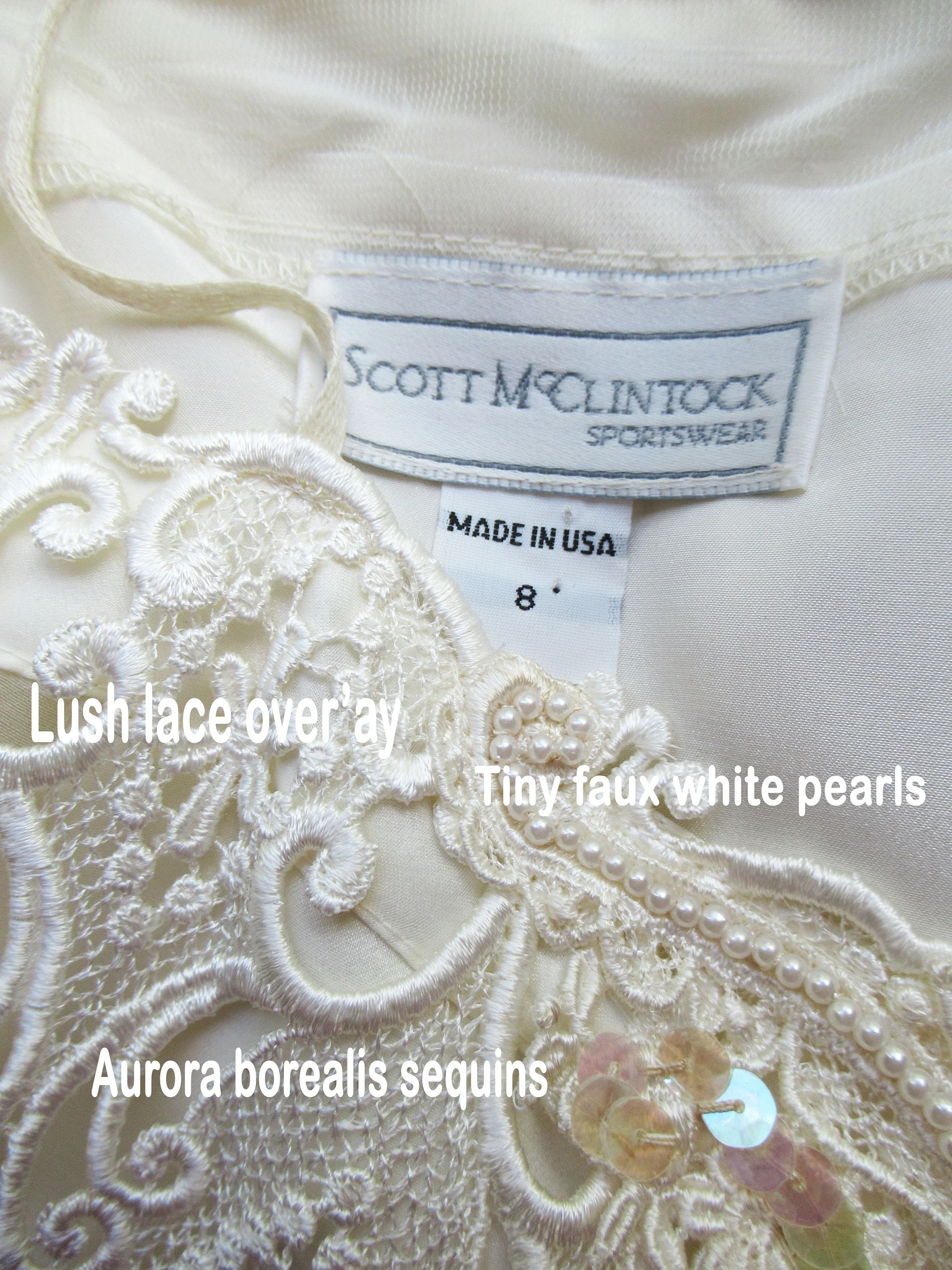 Off The Shoulder Blouse Dressy Sheer Sleeve Scott Mcclintock Cream Back Buttons Polyester 80s Lush Lace Overlay Top Vintage by Scott Mcclintock - Image 9