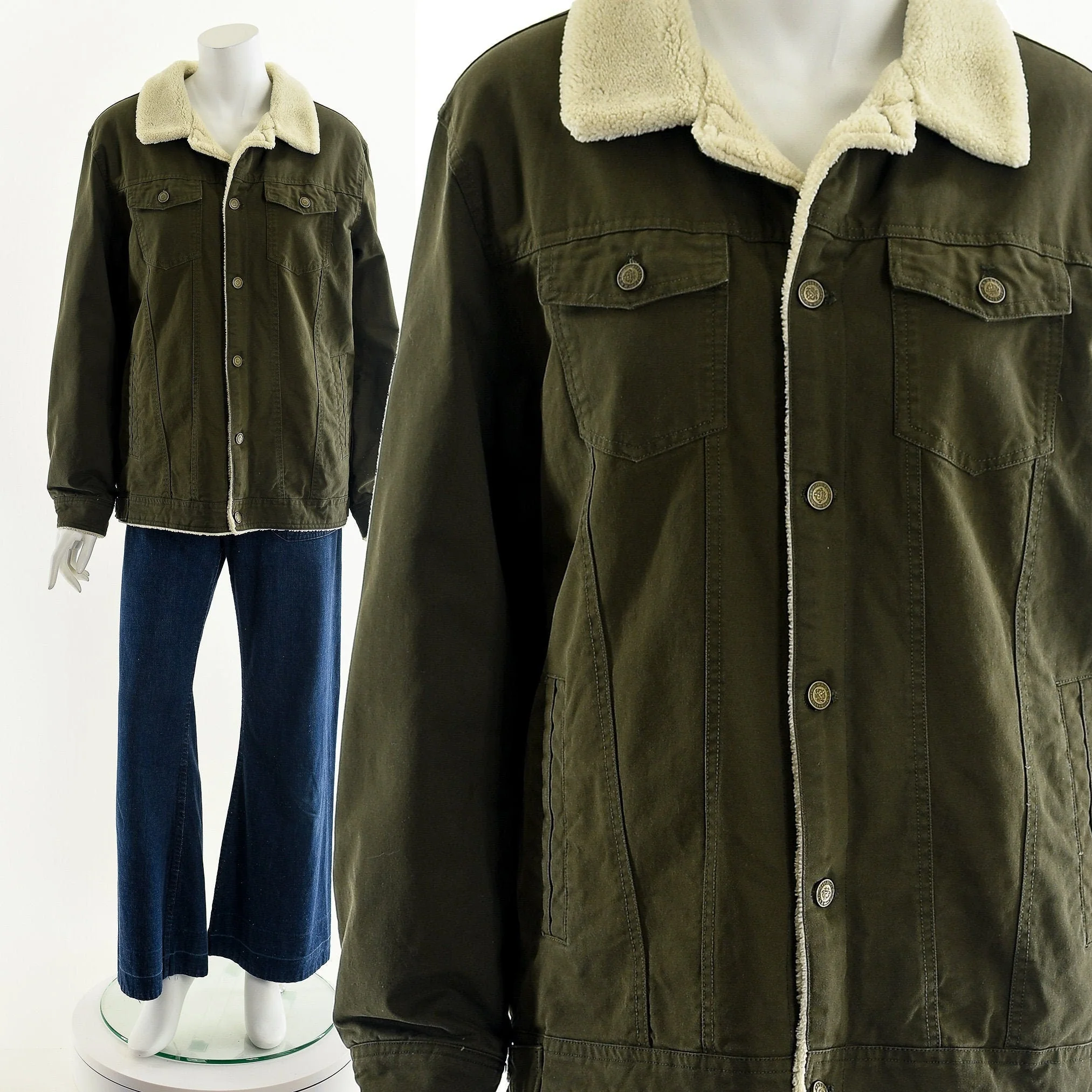 Olive Green Denim Sherpa-Lined Jacket - Image 2