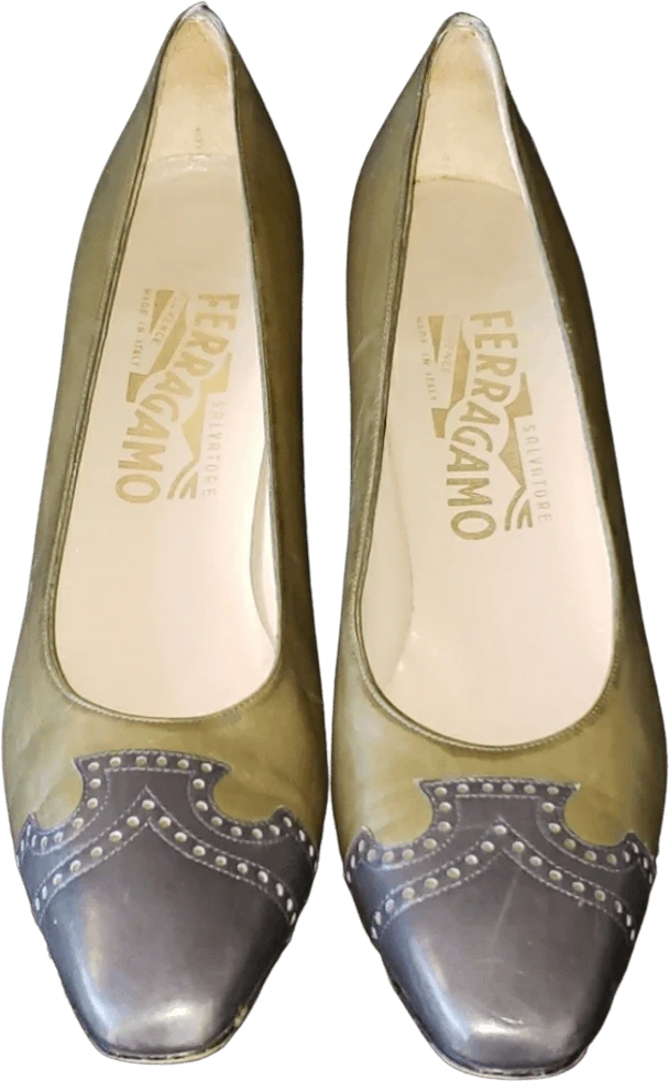 Olive Green Vintage Spectator Heels Shoes by Salvatore Ferragamo - Image 2