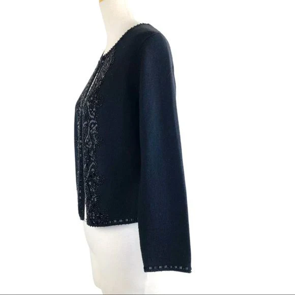 Open Front Sweater Fine Merino Italian Wool Hand Beaded Black Xs by Brooks Brothers - Image 3