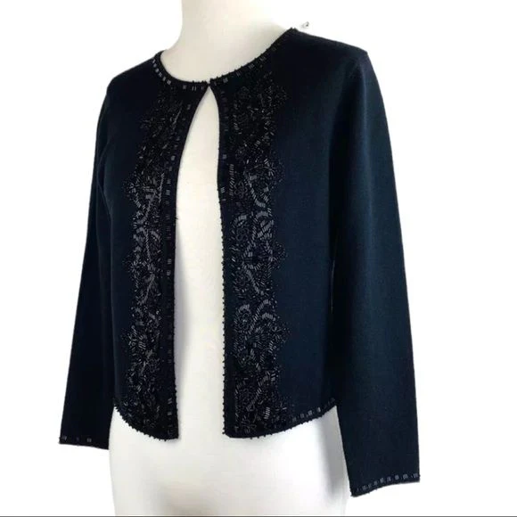 Open Front Sweater Fine Merino Italian Wool Hand Beaded Black Xs by Brooks Brothers - Image 4