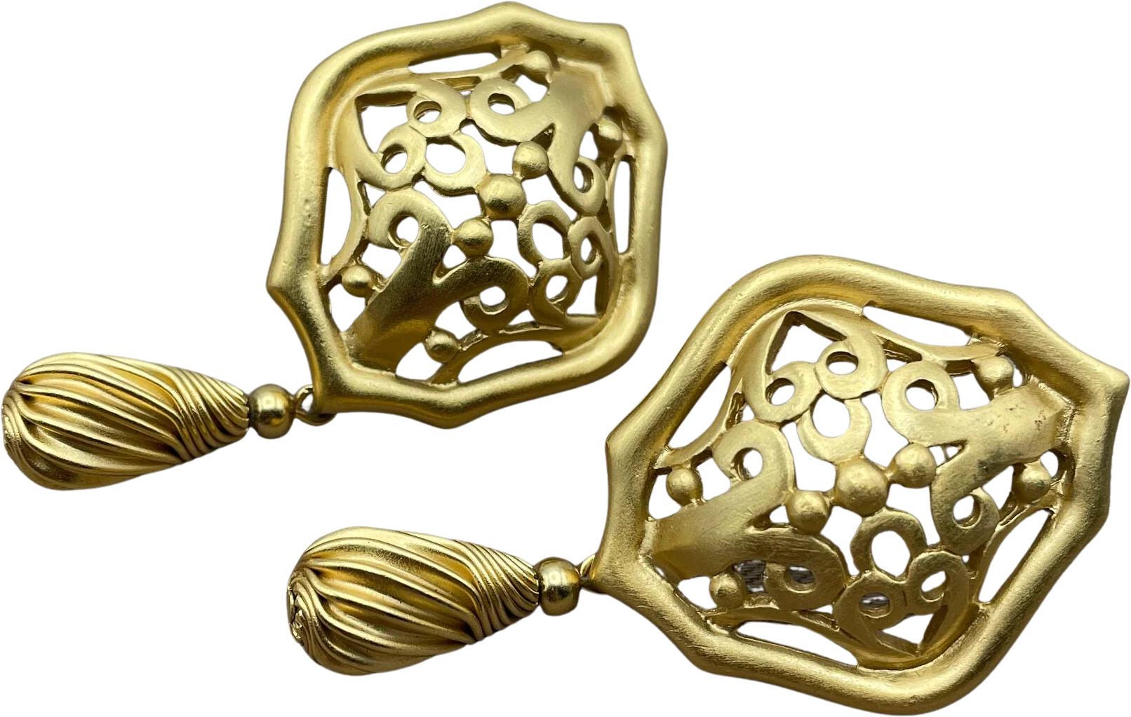 Openwork Etruscan Shield Dangle Vintage Statement Earrings for Pierced Ears Signed Earrings