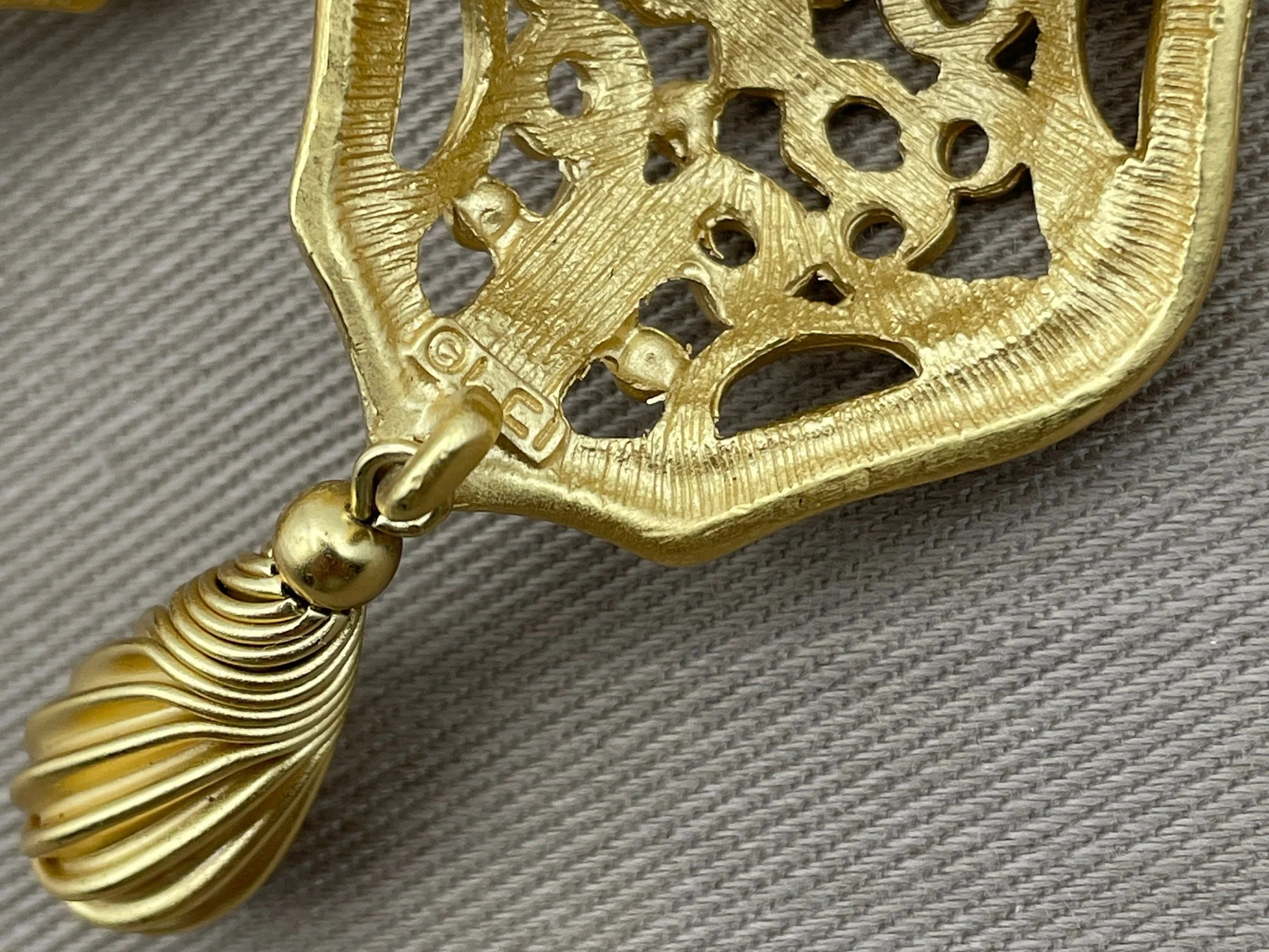 Openwork Etruscan Shield Dangle Vintage Statement Earrings for Pierced Ears Signed Earrings - Image 4