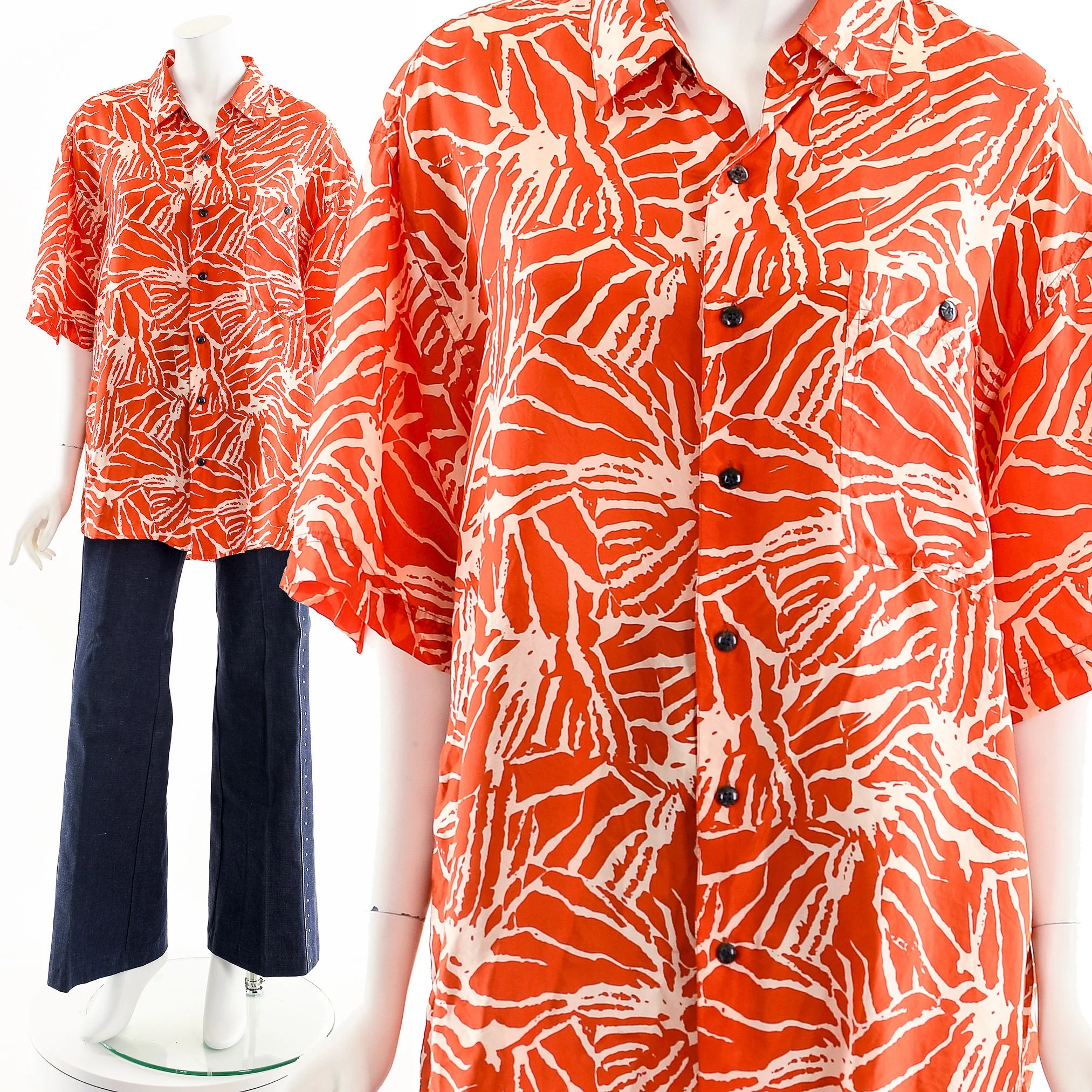 Orange Abstract Floral Silk Resort Shirt by Summa Silk - Image 3