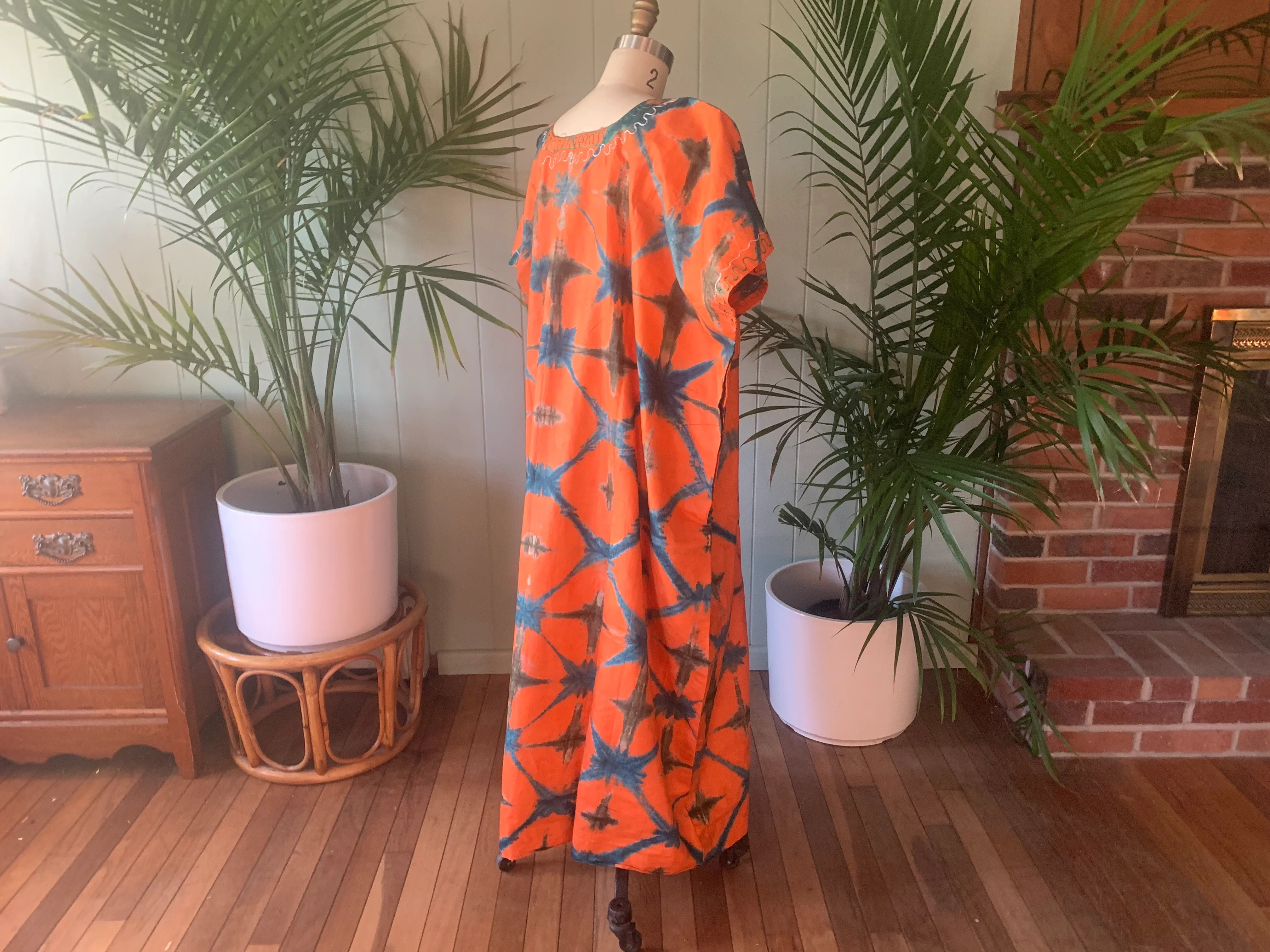 Orange And Green Cotton Embroidered Print Caftan - Image 7