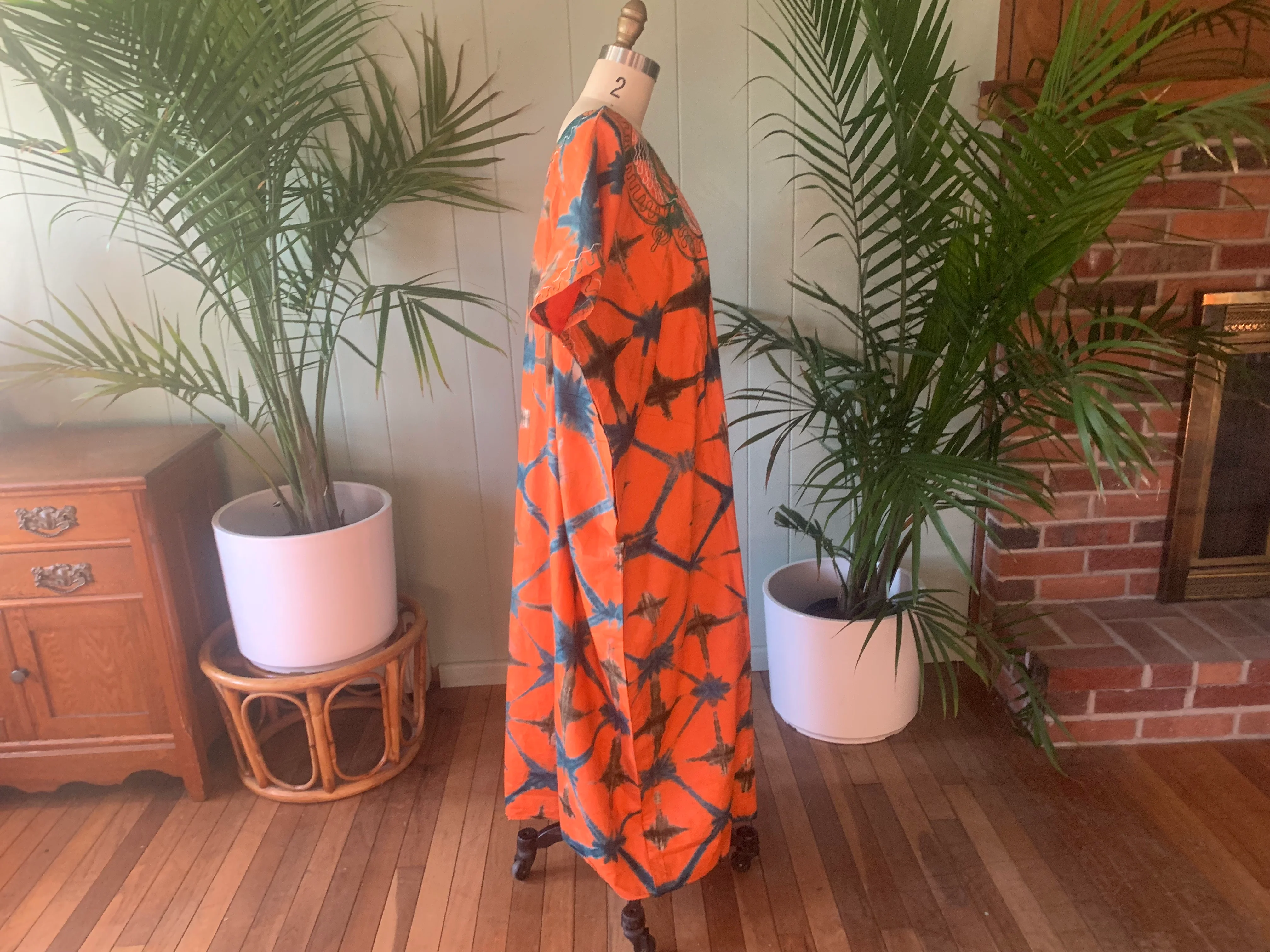 Orange And Green Cotton Embroidered Print Caftan - Image 8
