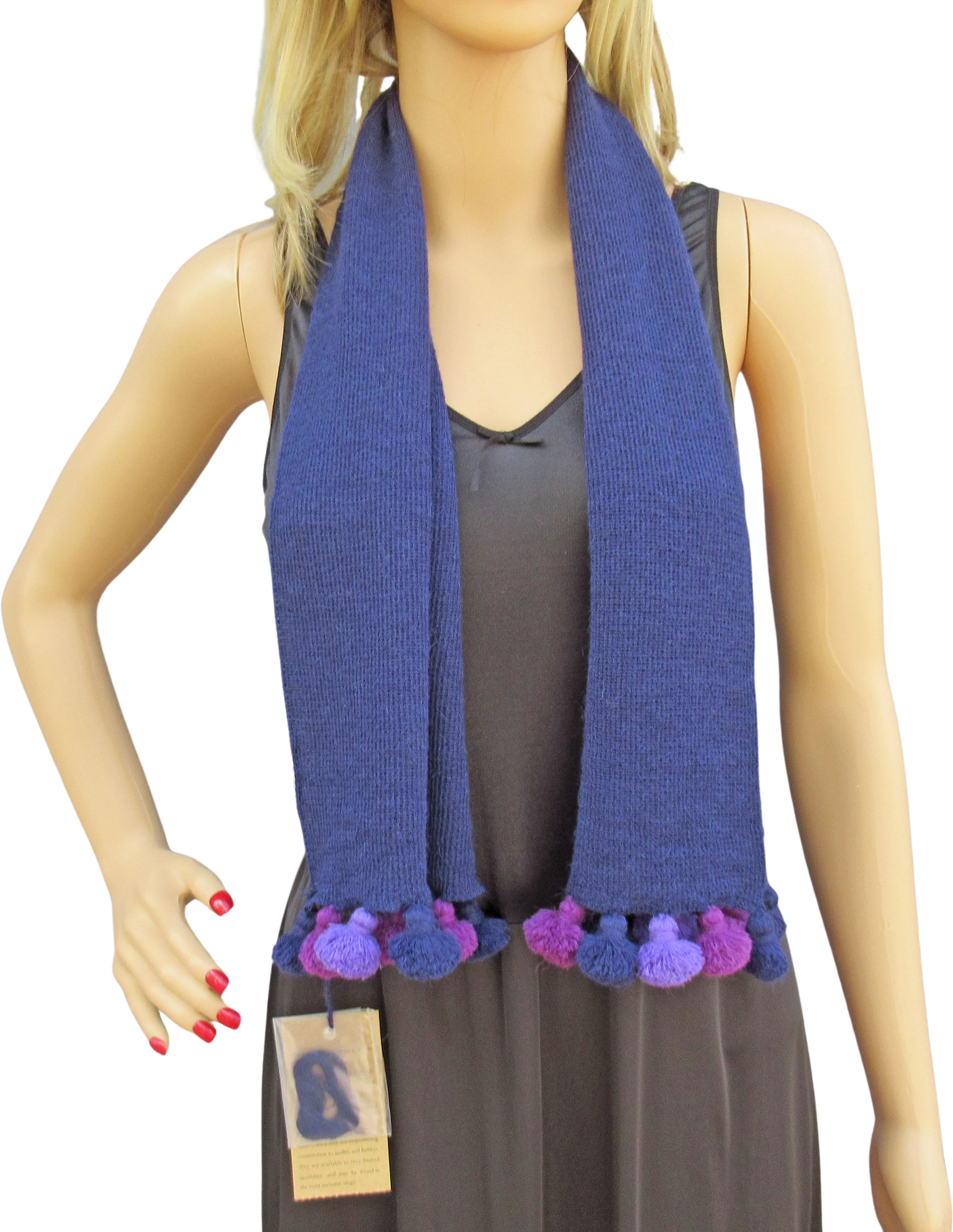 Original Alpaca Oblong Purple Scarf with 3 Colors of Pom Poms