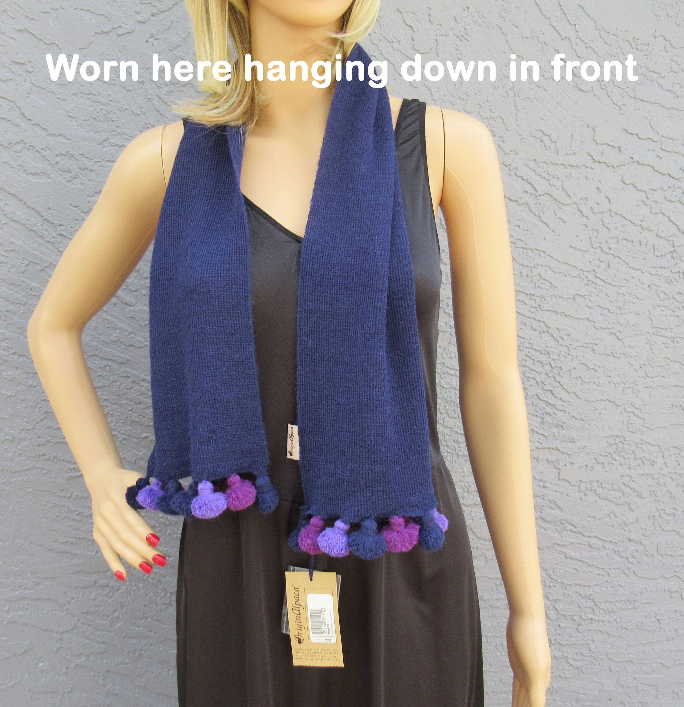 Original Alpaca Oblong Purple Scarf with 3 Colors of Pom Poms - Image 6
