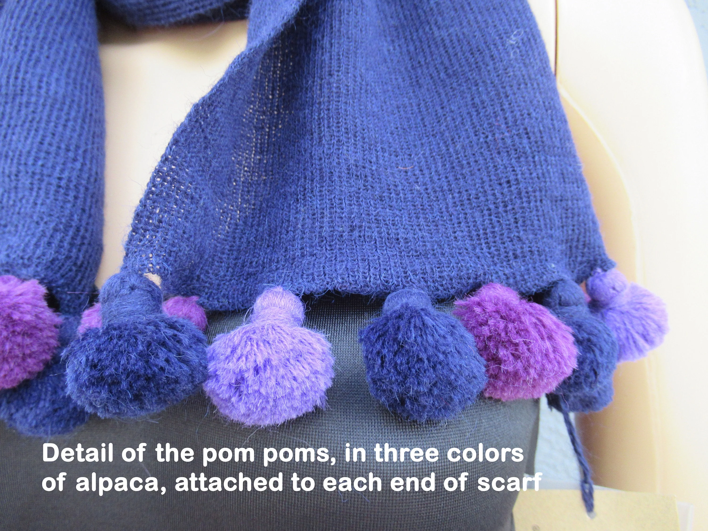Original Alpaca Oblong Purple Scarf with 3 Colors of Pom Poms - Image 7