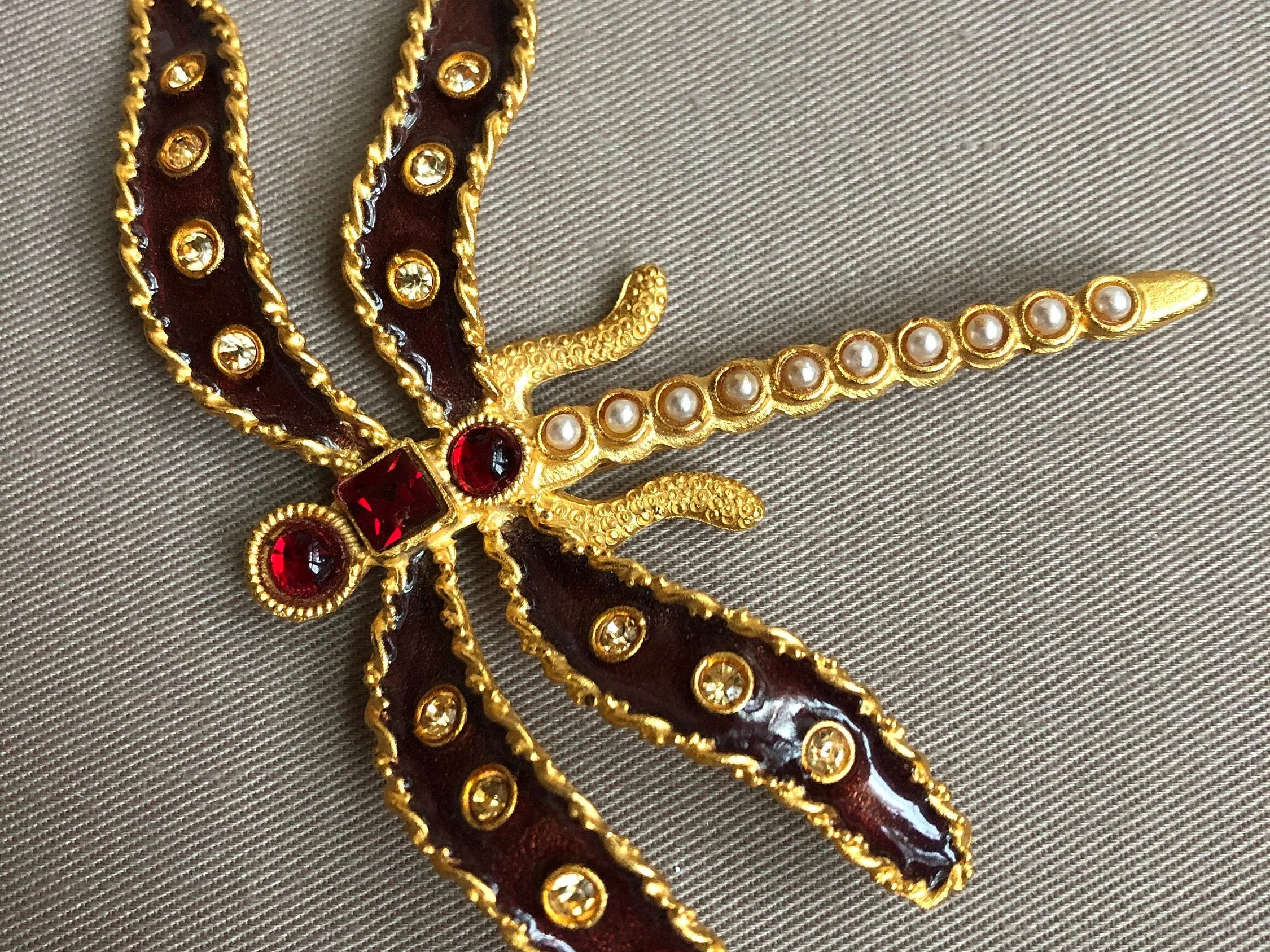 Ornate Dragonfly Brooch - Enameled Insect Crystals Rhinestones Couture Jewelry by Gerard Yosca - Image 2