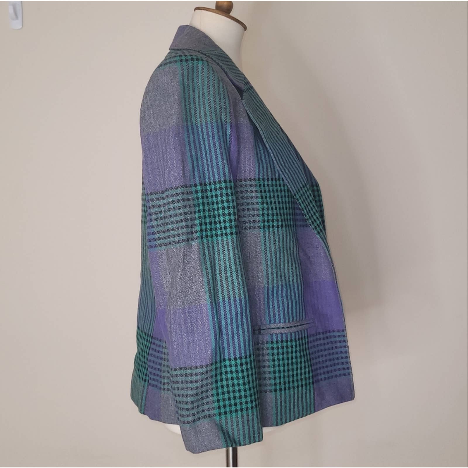 Oui Petites Vintage Green/blue/gray Plaid Blazer Jacket - Size S/m by Tan Jay - Image 3