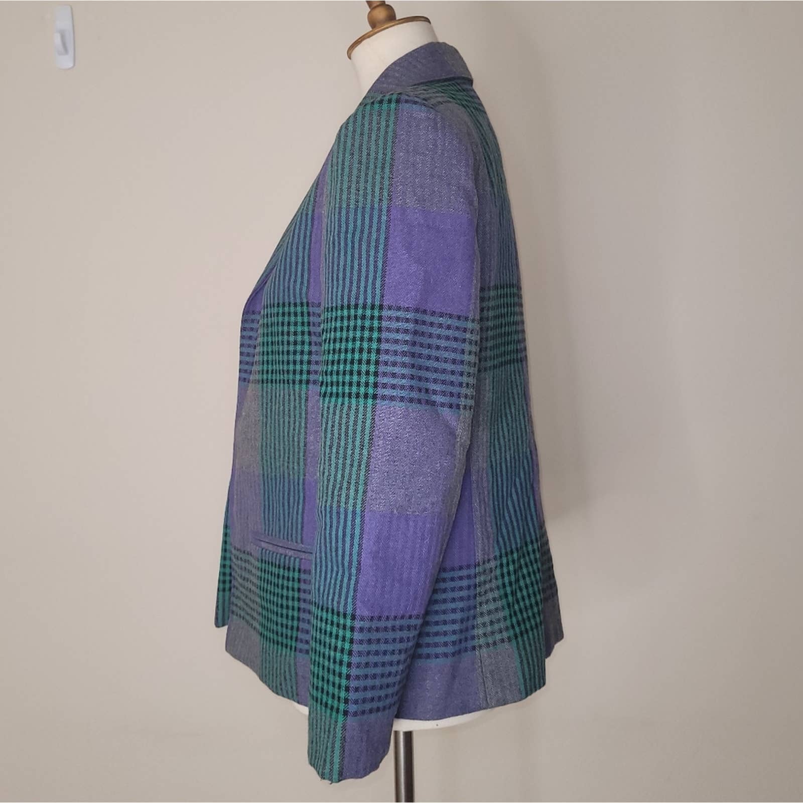 Oui Petites Vintage Green/blue/gray Plaid Blazer Jacket - Size S/m by Tan Jay - Image 4
