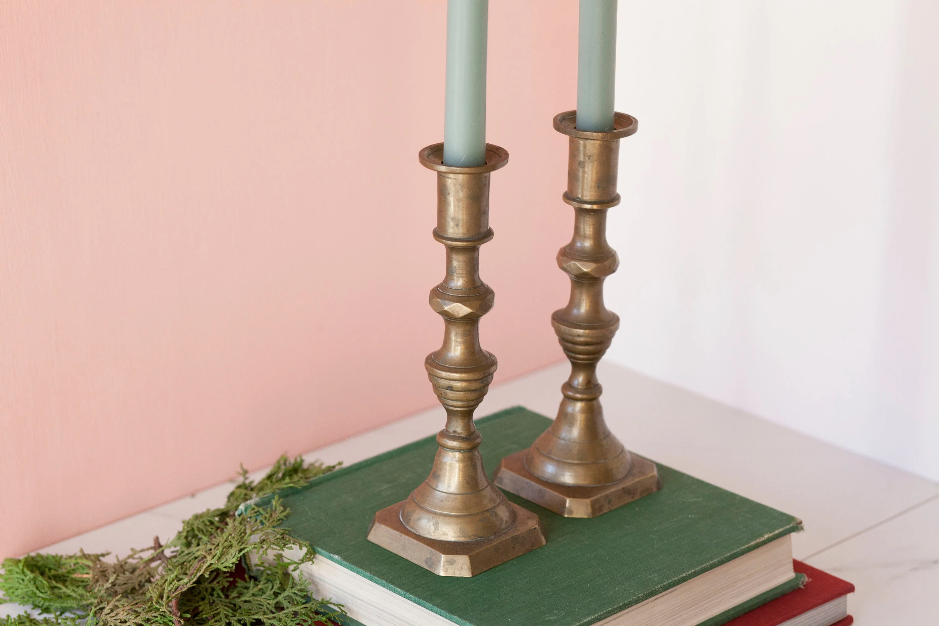 Pair of 8" Antique Candlestick Holders Matte Darker Brass Mantel Home Decor - Image 2