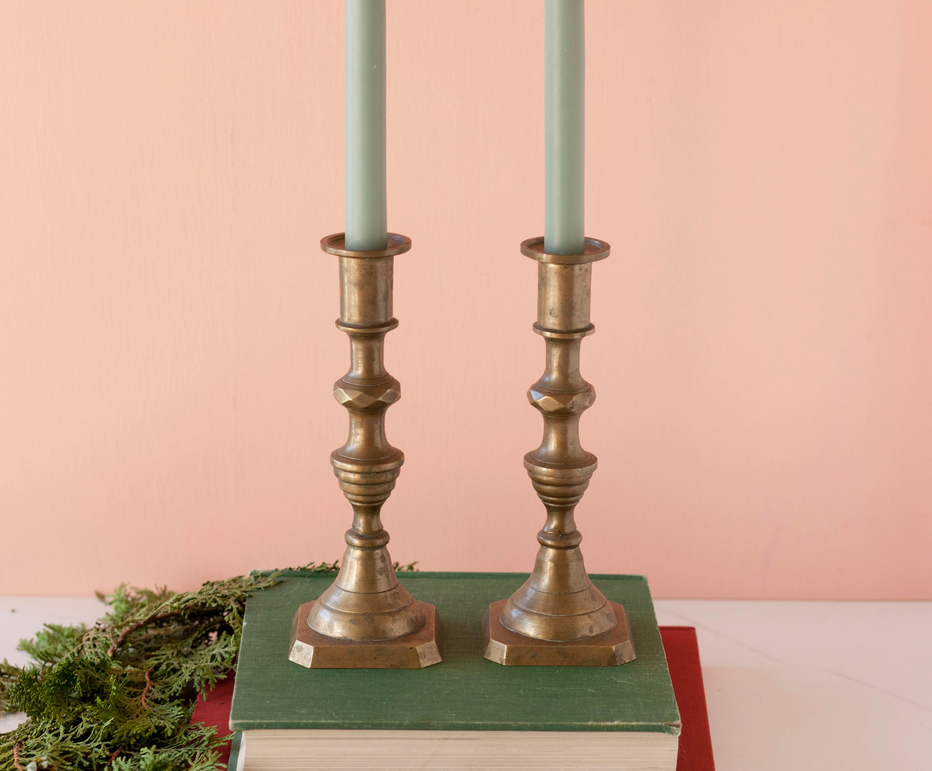 Pair of 8" Antique Candlestick Holders Matte Darker Brass Mantel Home Decor - Image 5