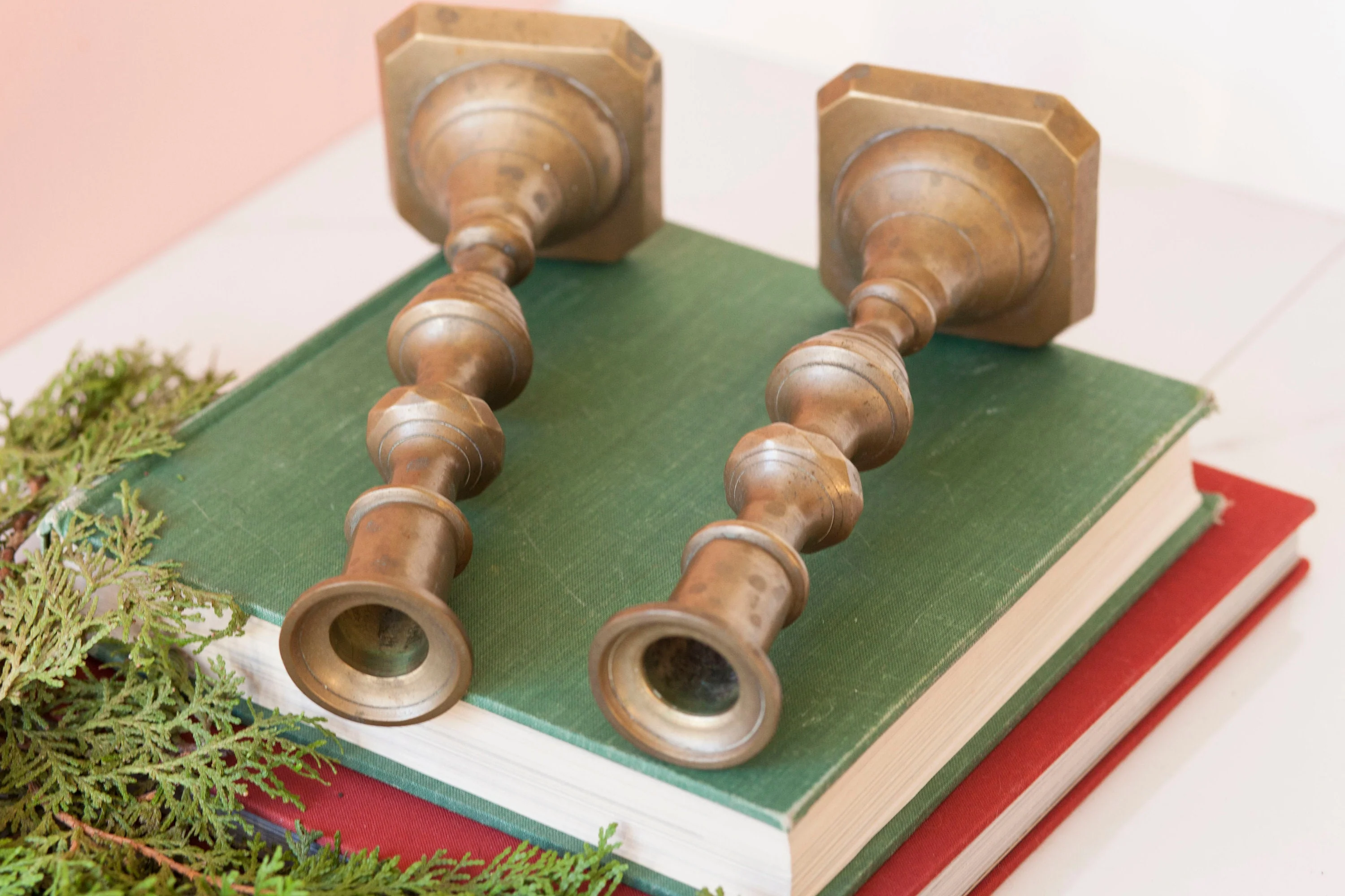 Pair of 8" Antique Candlestick Holders Matte Darker Brass Mantel Home Decor - Image 8