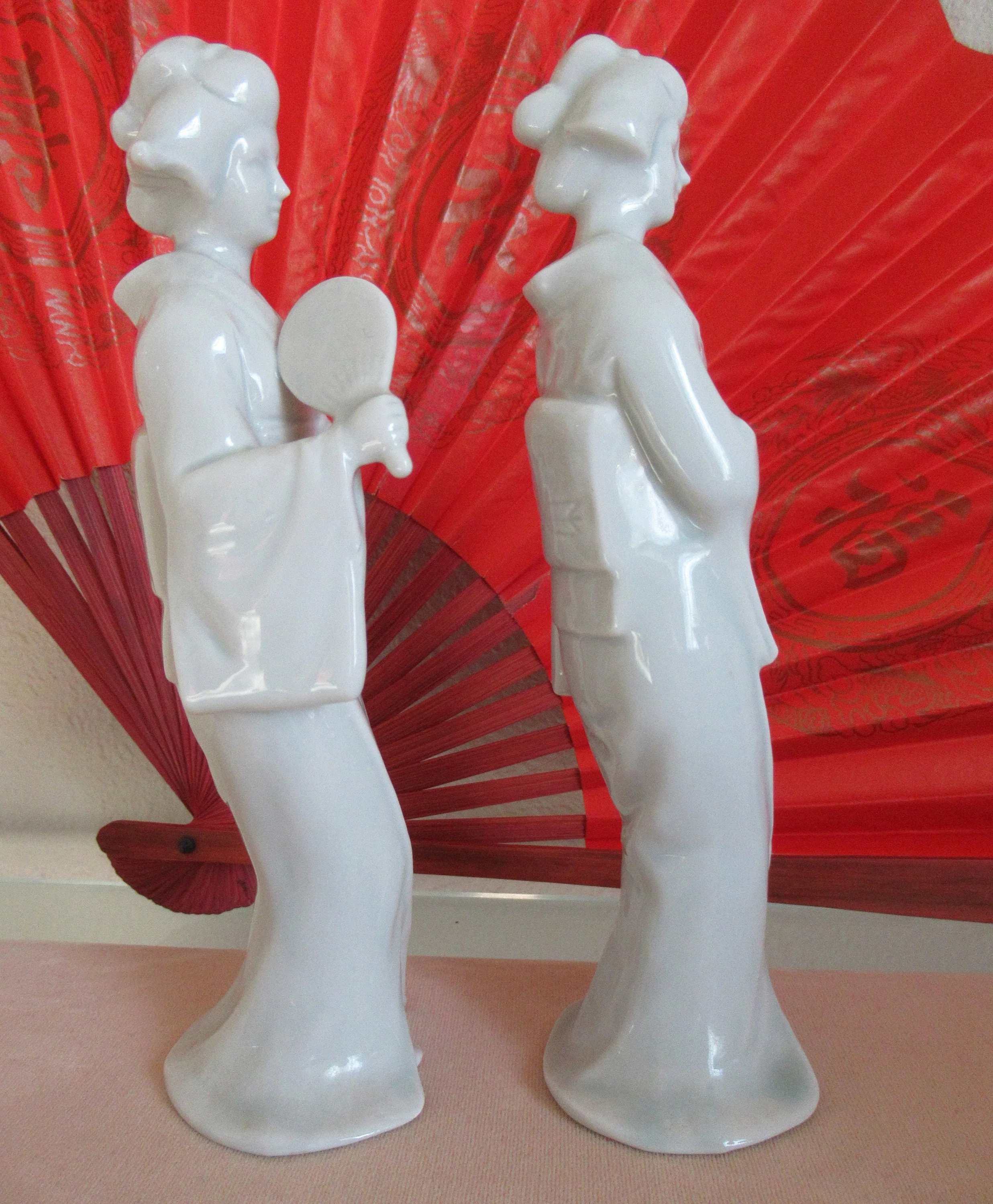 Pair of Female Figurines Shafford Japan Logo On Base, Shiny White Porcelain, 7 Inch Tall, Made Between 40s To 70s, Charming - Image 10