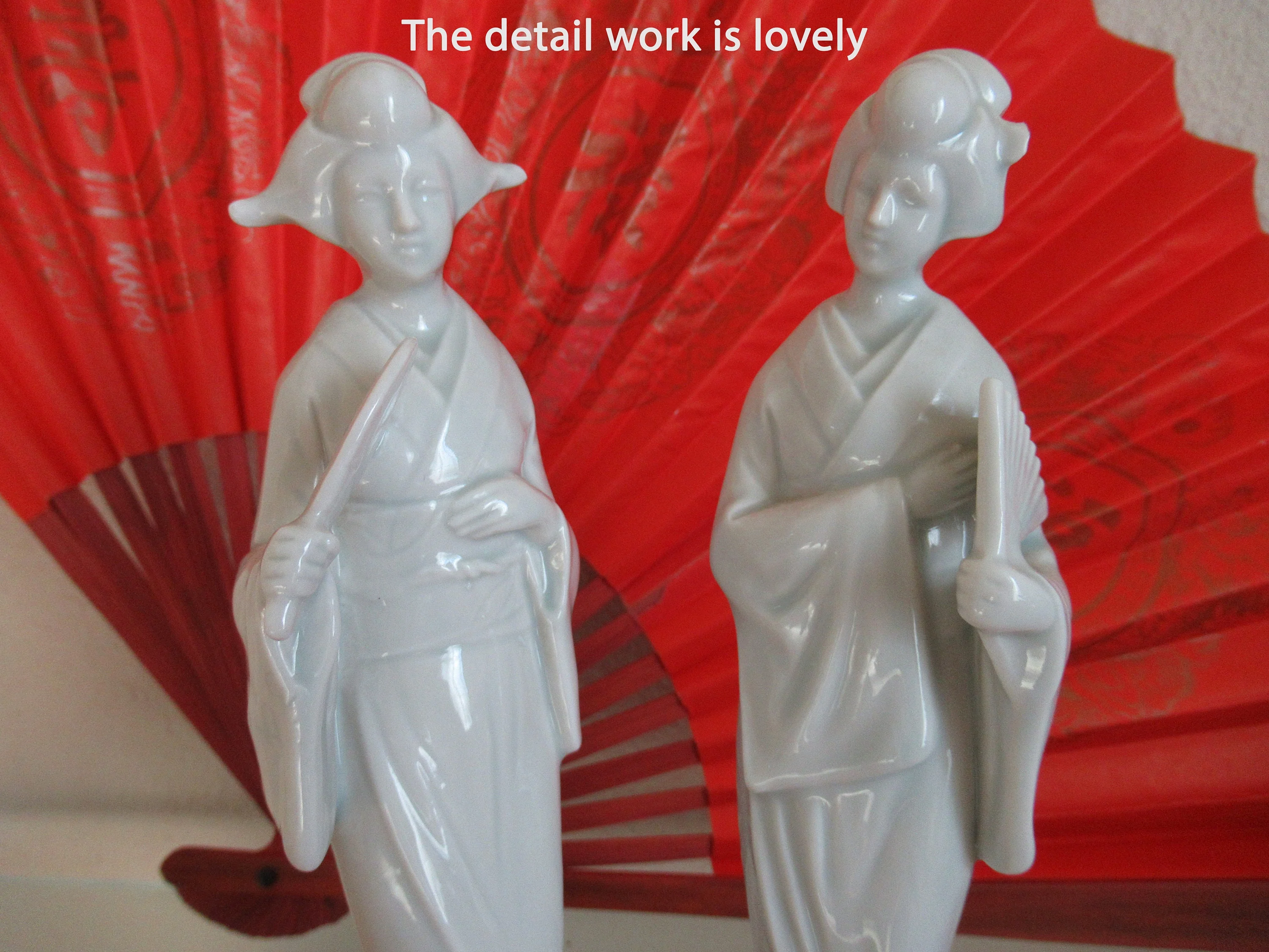 Pair of Female Figurines Shafford Japan Logo On Base, Shiny White Porcelain, 7 Inch Tall, Made Between 40s To 70s, Charming - Image 2