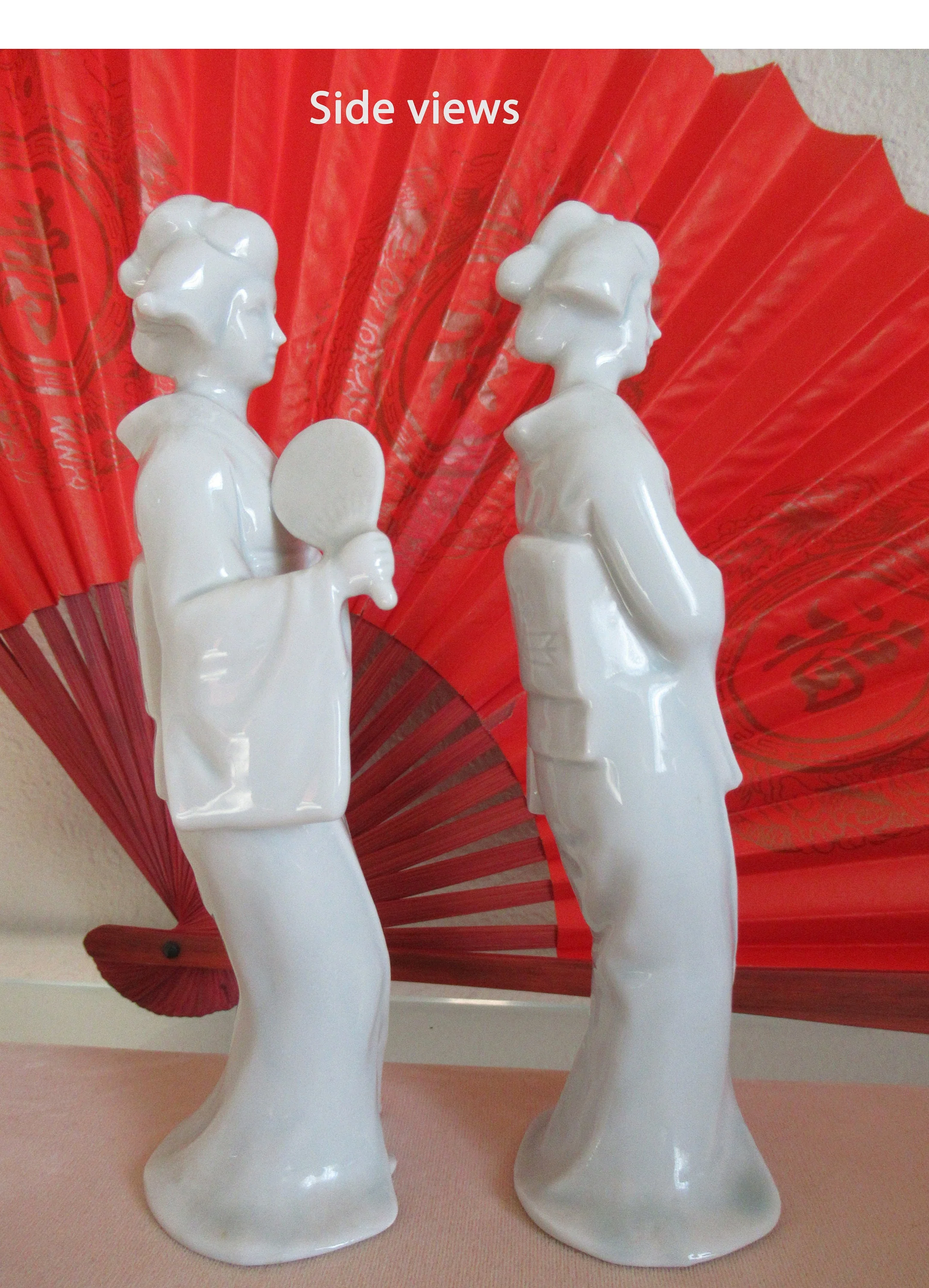 Pair of Female Figurines Shafford Japan Logo On Base, Shiny White Porcelain, 7 Inch Tall, Made Between 40s To 70s, Charming - Image 3