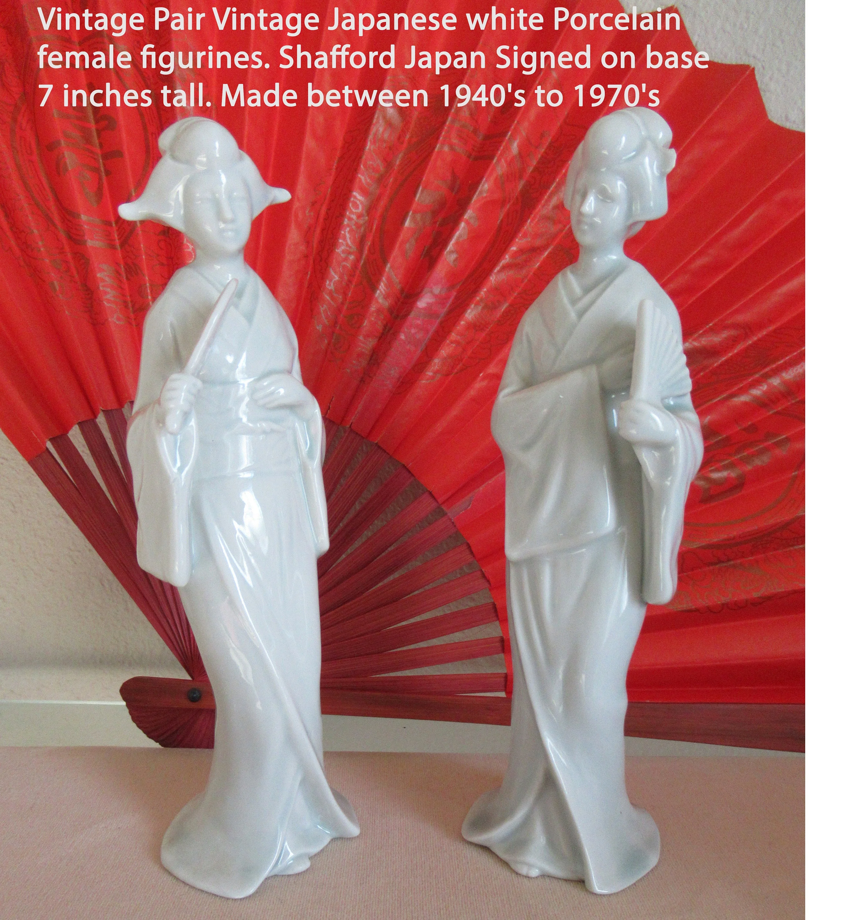 Pair of Female Figurines Shafford Japan Logo On Base, Shiny White Porcelain, 7 Inch Tall, Made Between 40s To 70s, Charming - Image 4