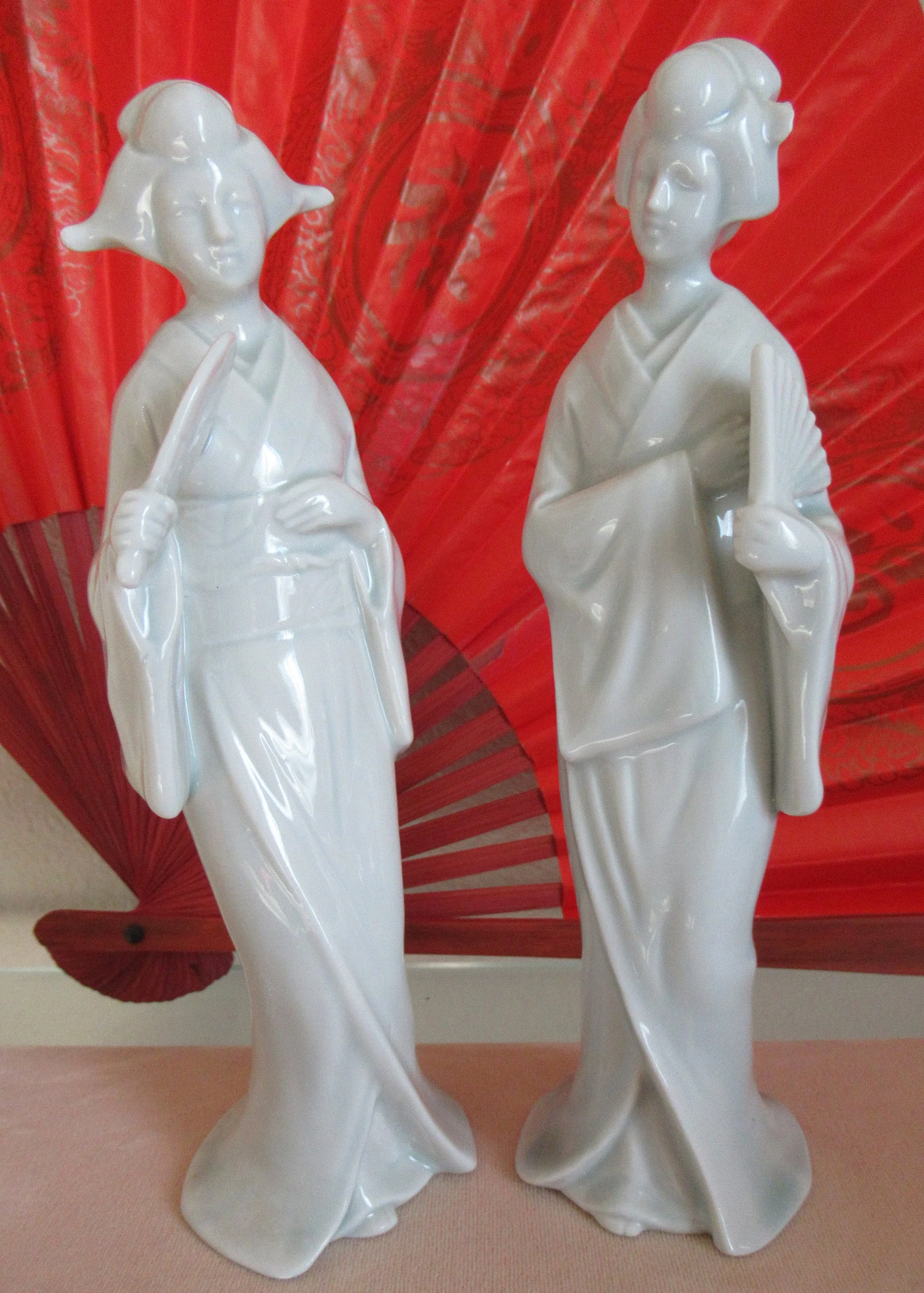 Pair of Female Figurines Shafford Japan Logo On Base, Shiny White Porcelain, 7 Inch Tall, Made Between 40s To 70s, Charming - Image 6